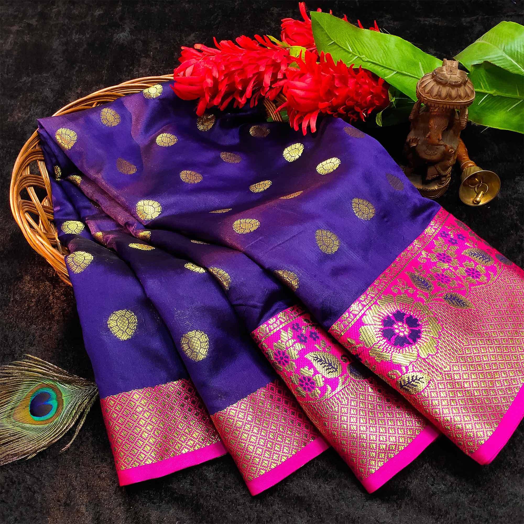 Trendy Navy Blue Colored Festive Wear Woven Kanjivaram Silk Saree - Peachmode