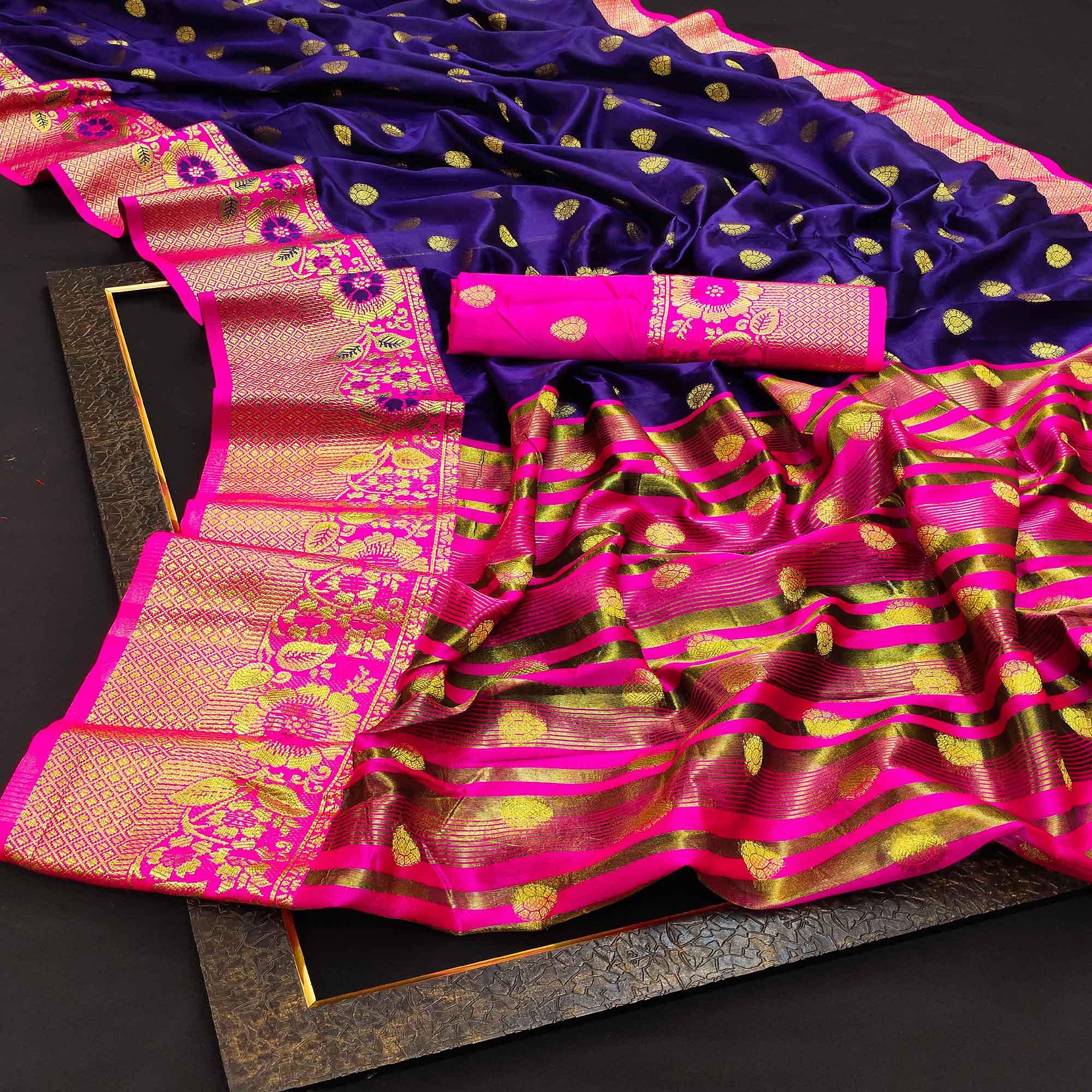 Trendy Navy Blue Colored Festive Wear Woven Kanjivaram Silk Saree - Peachmode