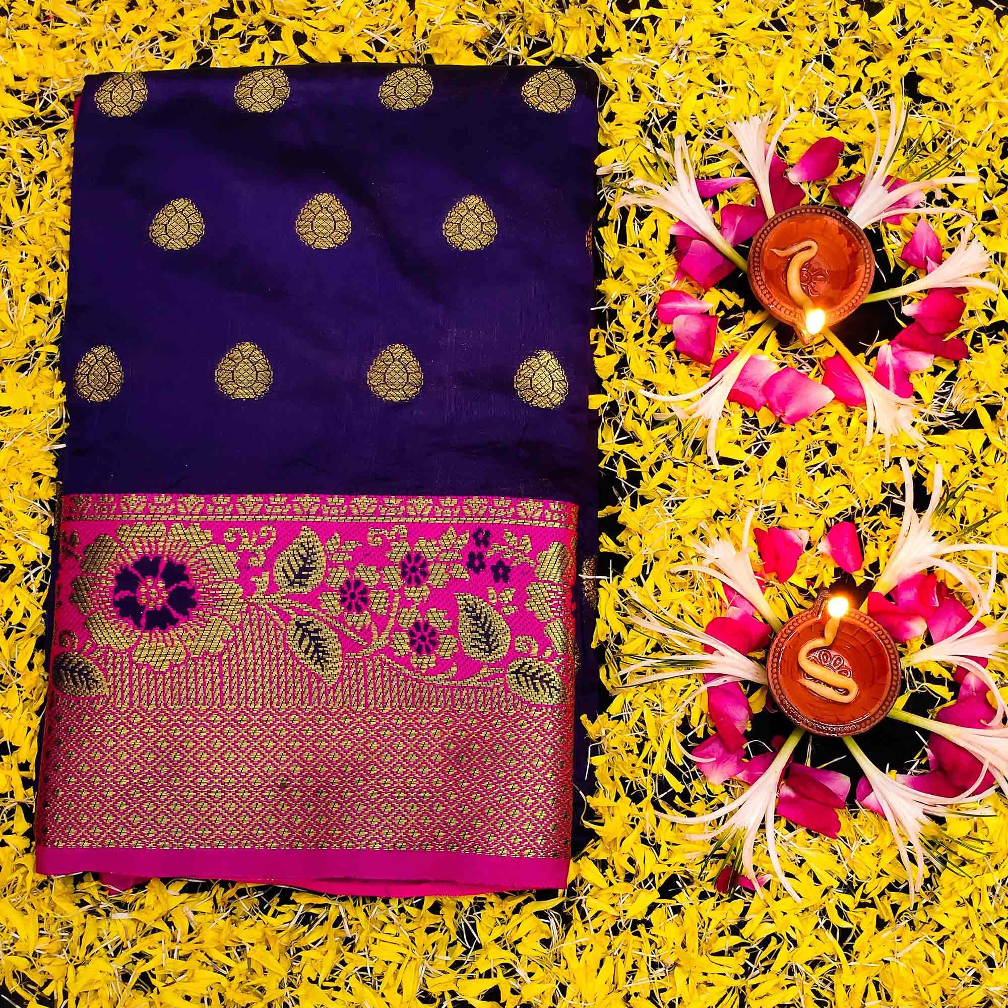 Trendy Navy Blue Colored Festive Wear Woven Kanjivaram Silk Saree - Peachmode