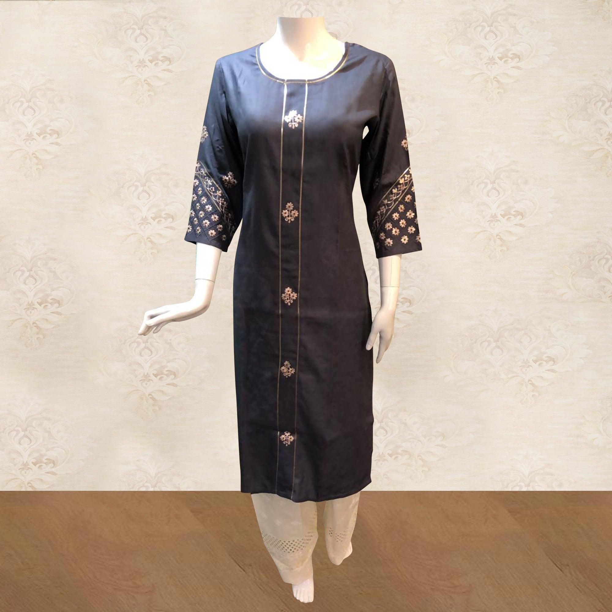 Trendy Navy Blue Colored Partywear Floral Embroidered Cotton Kurti-Palazzo Set - Peachmode