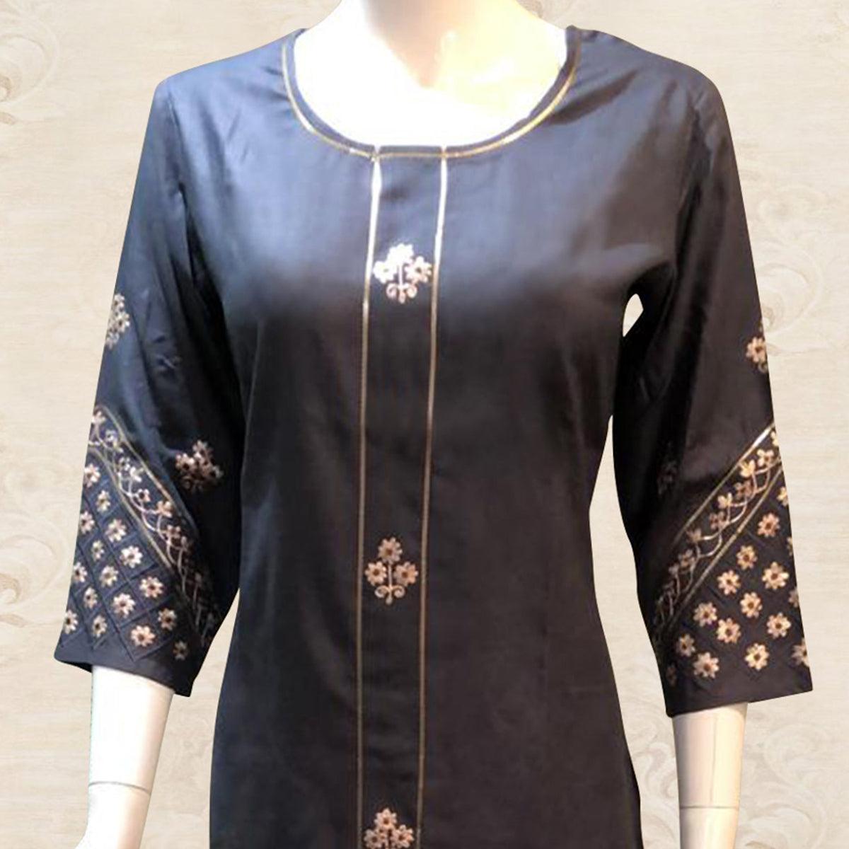 Trendy Navy Blue Colored Partywear Floral Embroidered Cotton Kurti-Palazzo Set - Peachmode