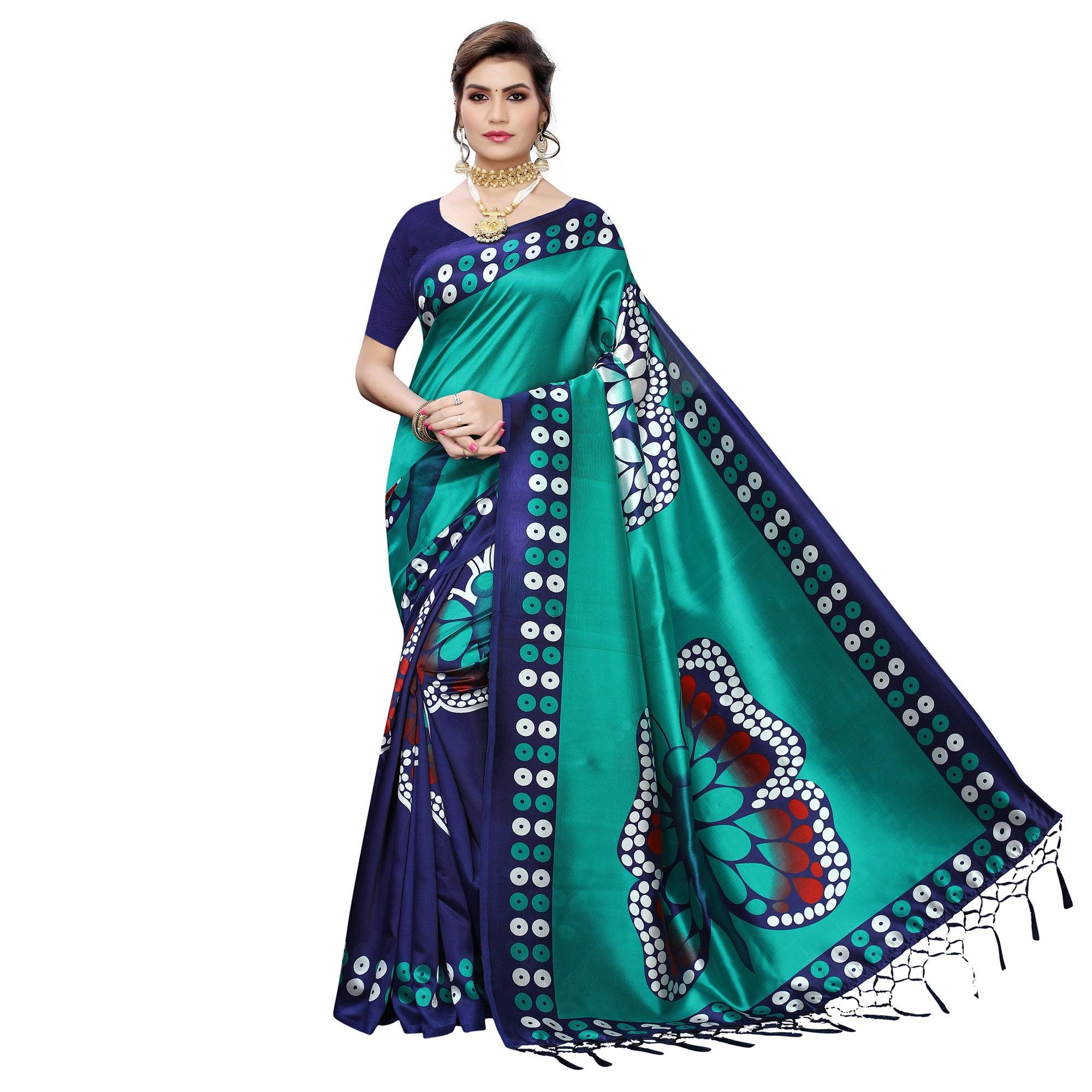 Trendy Navy Blue-Turquoise Colored Festive Wear Butterfly Printed Art Silk Saree With Tassels - Peachmode