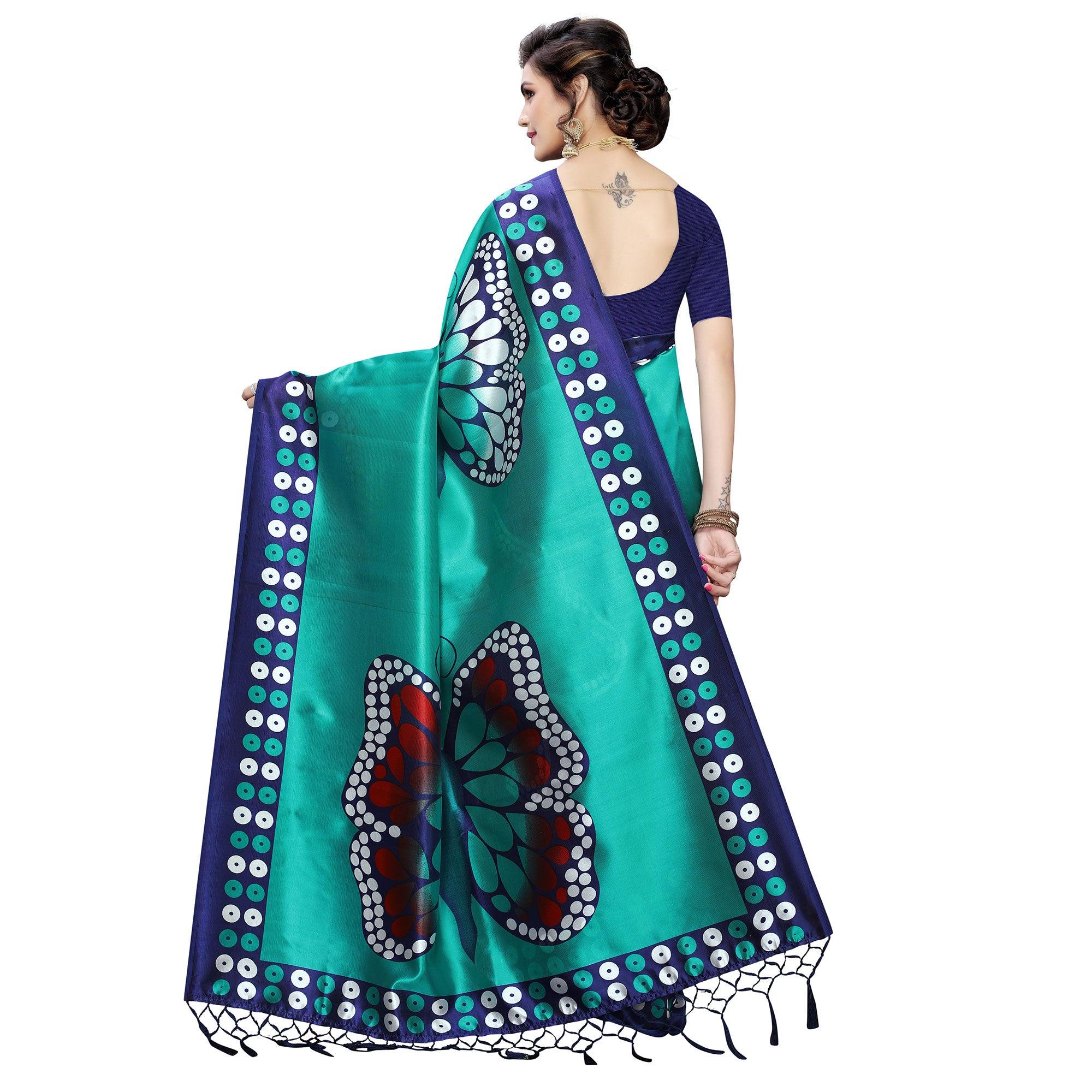 Trendy Navy Blue-Turquoise Colored Festive Wear Butterfly Printed Art Silk Saree With Tassels - Peachmode