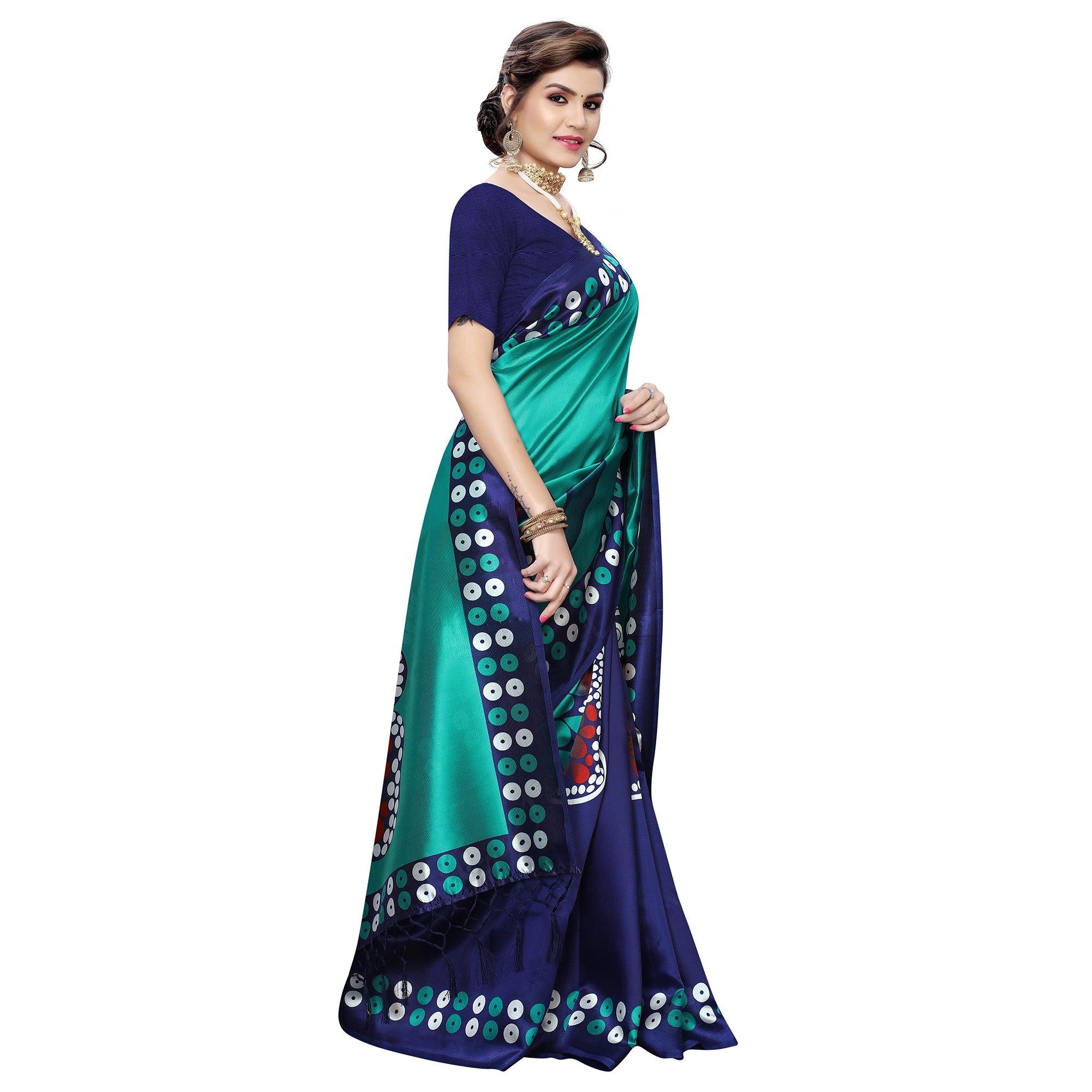 Trendy Navy Blue-Turquoise Colored Festive Wear Butterfly Printed Art Silk Saree With Tassels - Peachmode