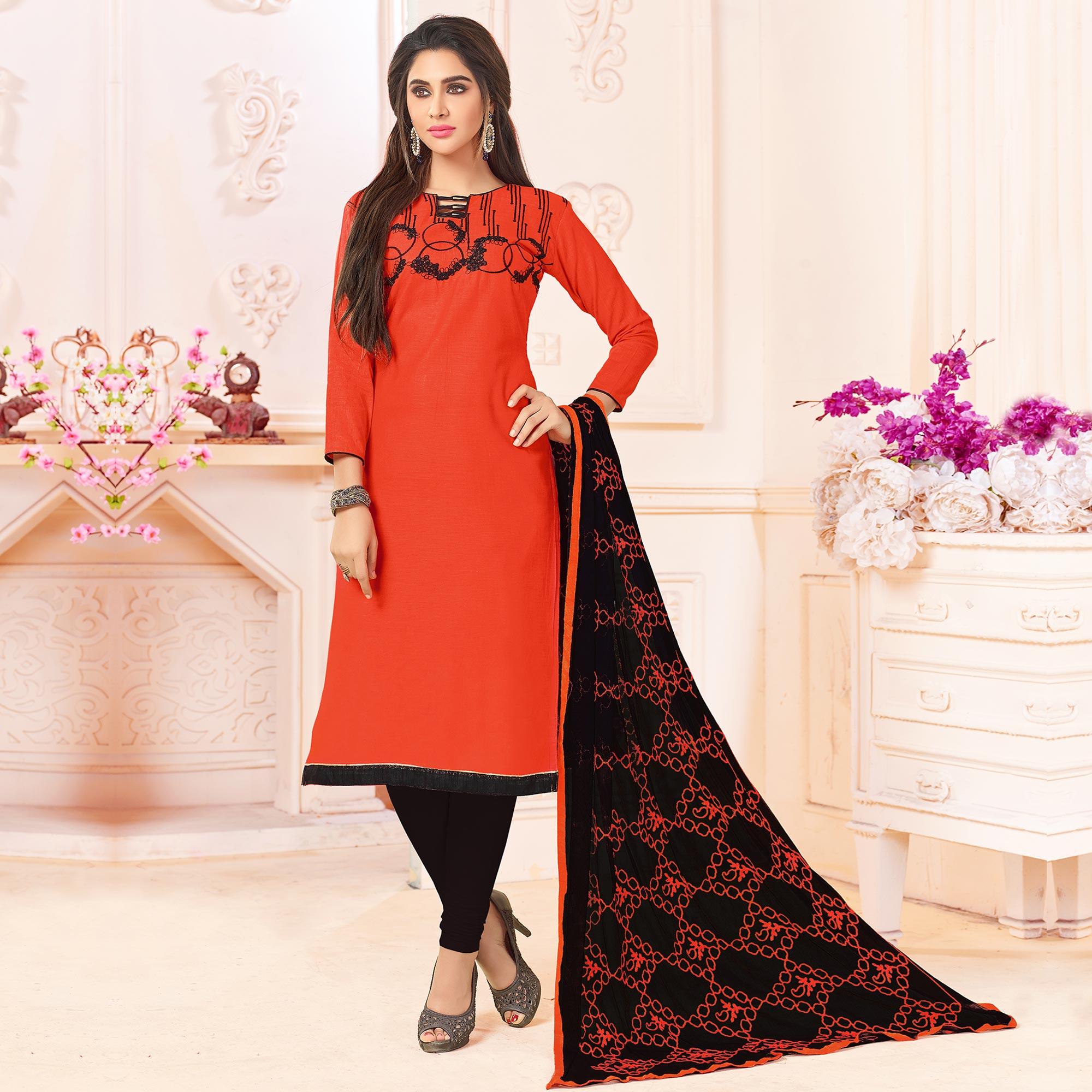 Trendy Orange Colored Embroidered Cotton Dress Material - Peachmode