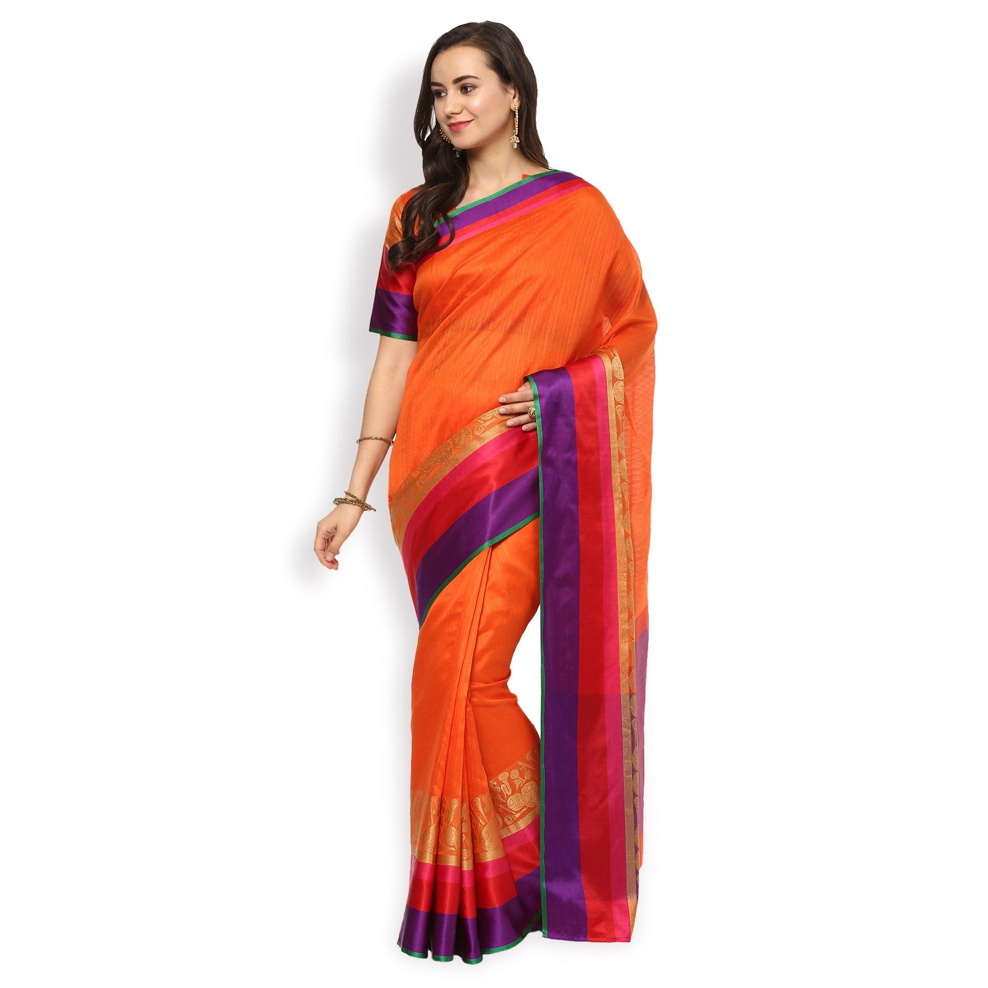 Trendy Orange Colored Festive Wear Cotton Silk Saree - Peachmode