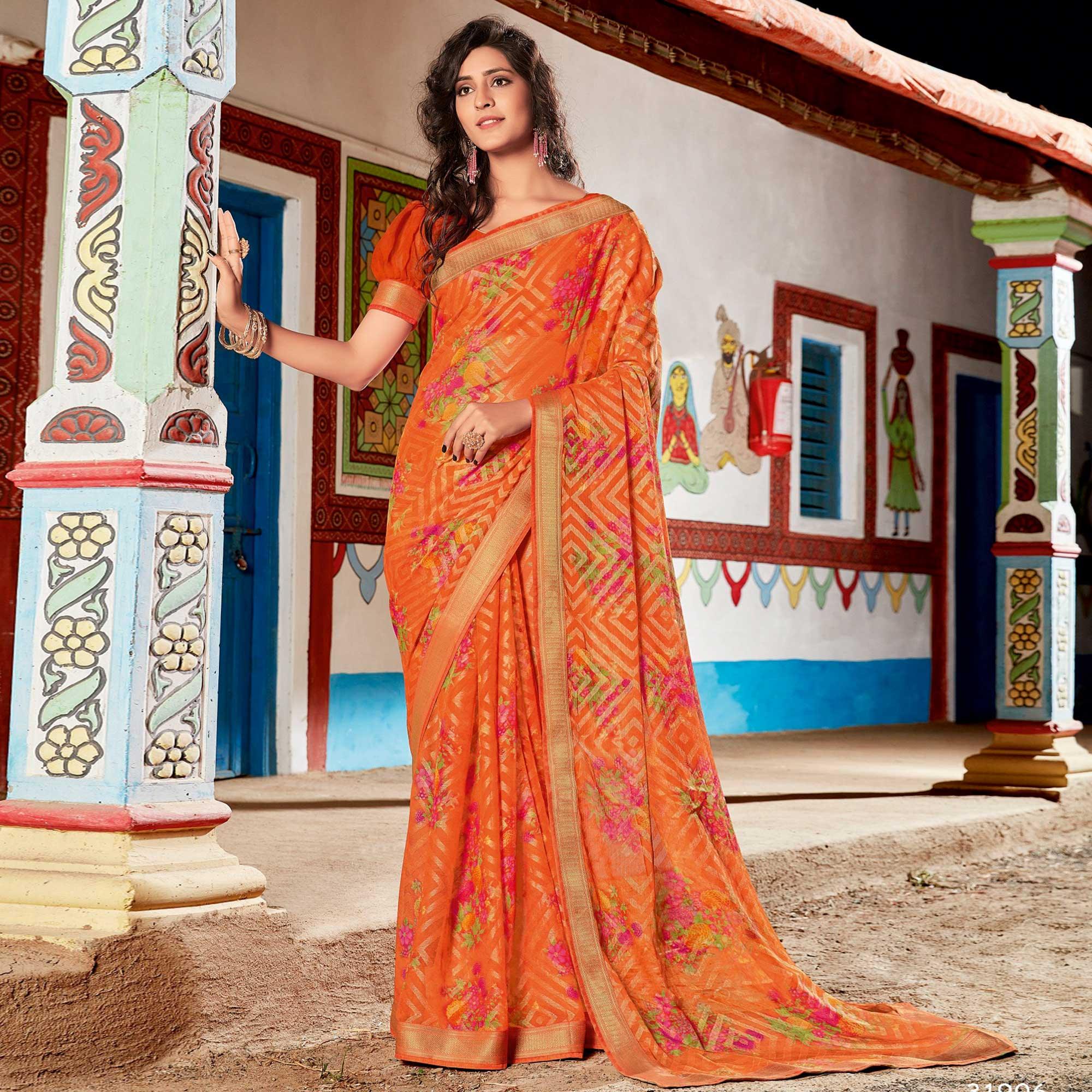 Trendy Orange Coloured Partywear Printed Brasso Saree - Peachmode