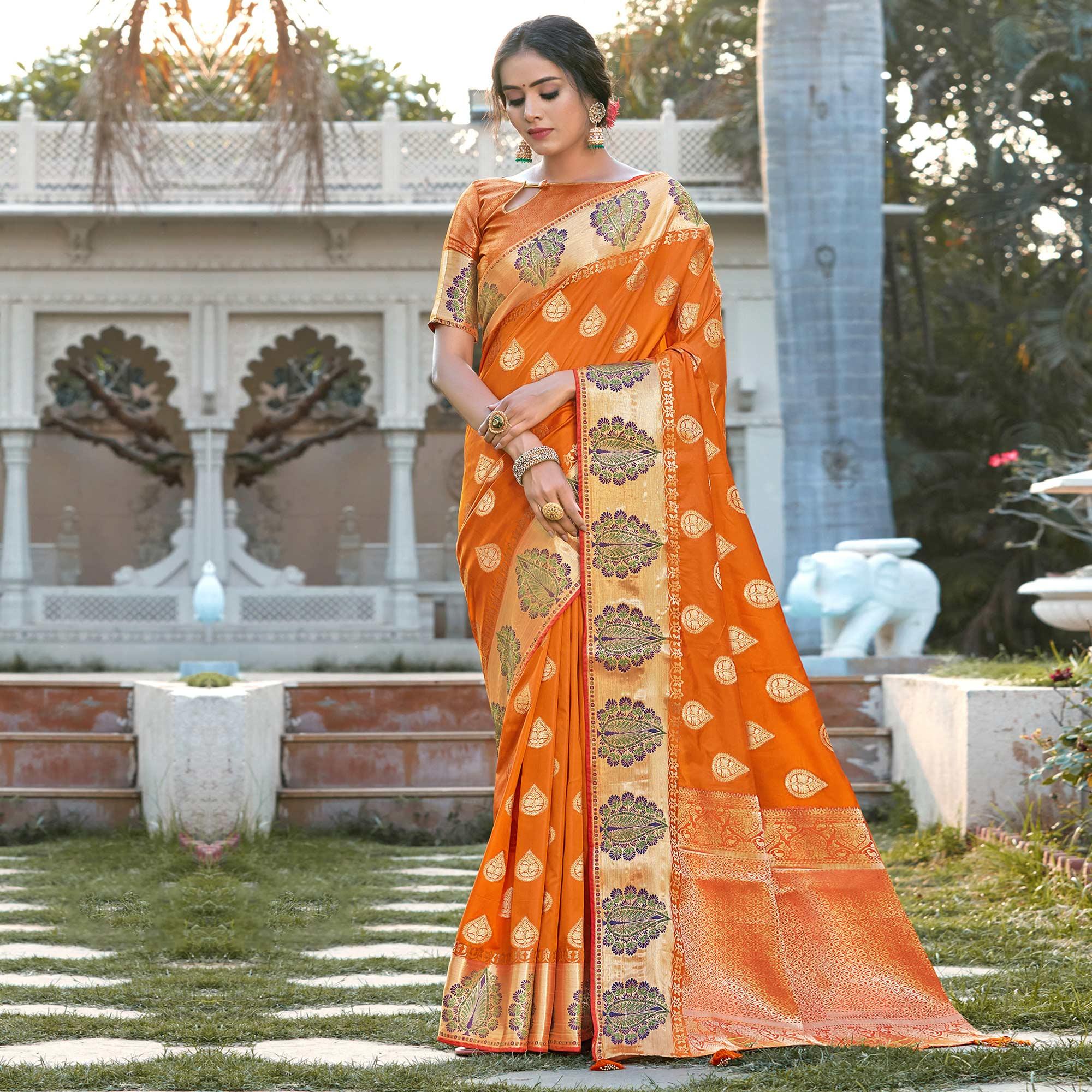 Trendy Orange Coloured Partywear Woven Silk Saree - Peachmode