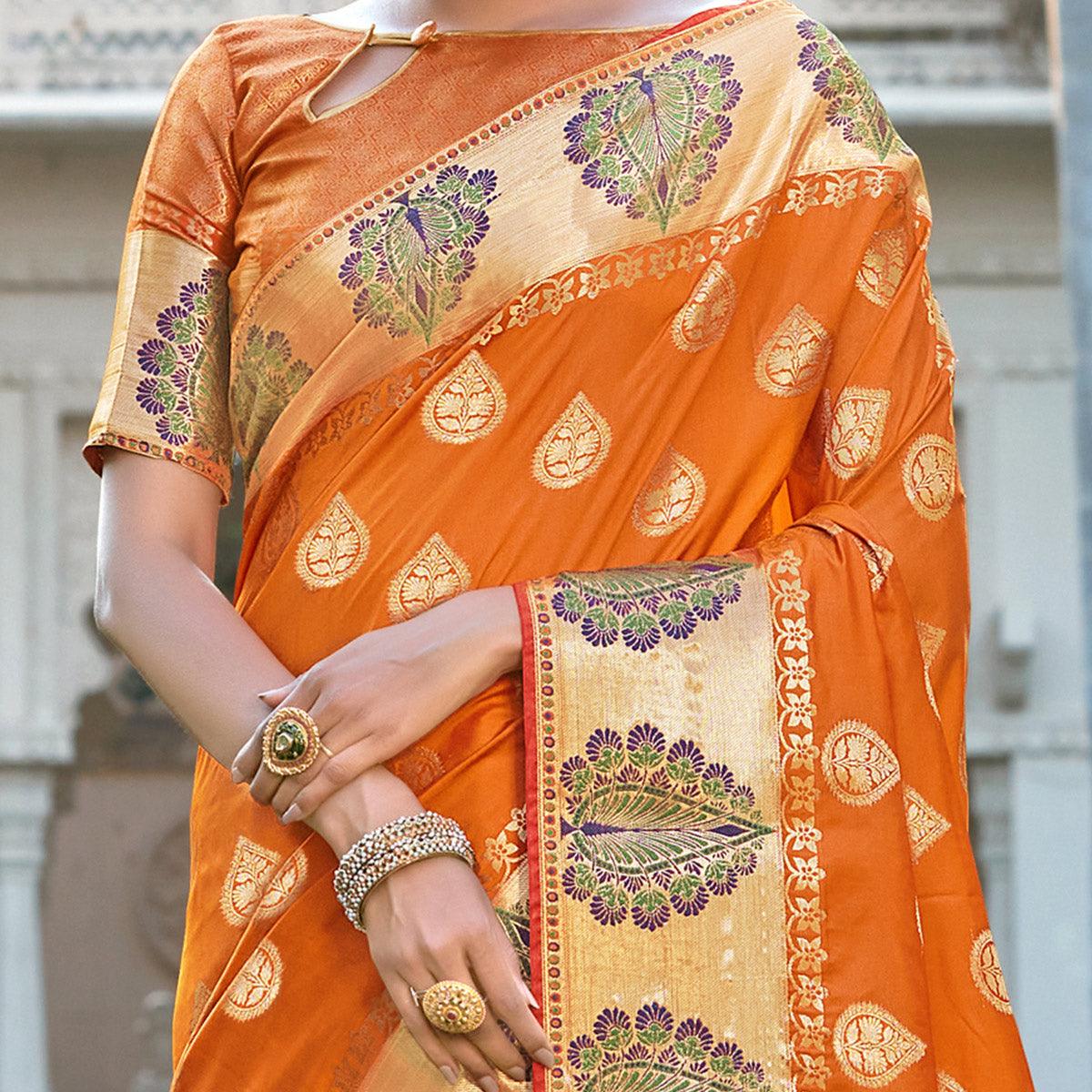 Trendy Orange Coloured Partywear Woven Silk Saree - Peachmode