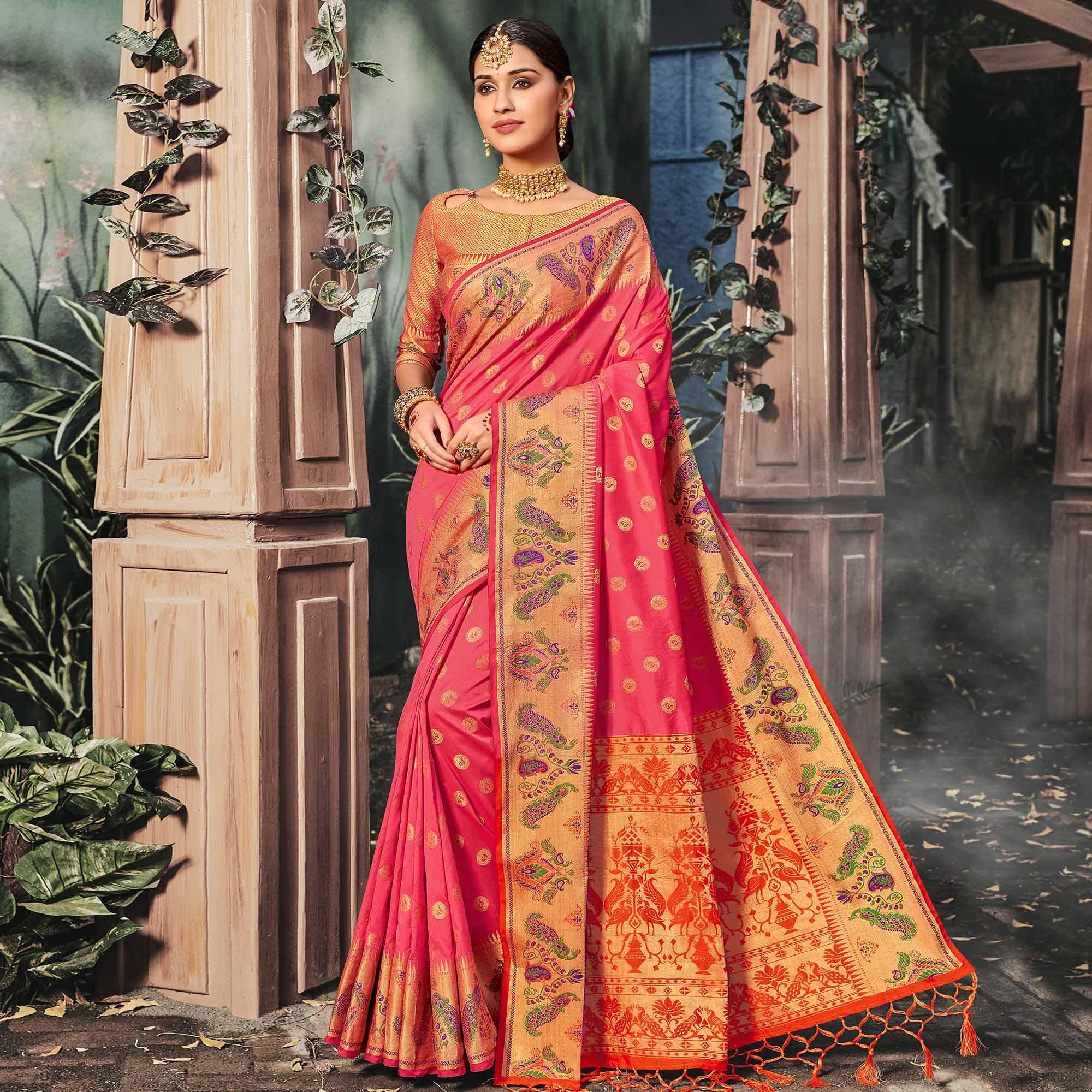 Trendy Peach Colored Festive Wear Woven Banarasi Silk Saree With Tassels - Peachmode
