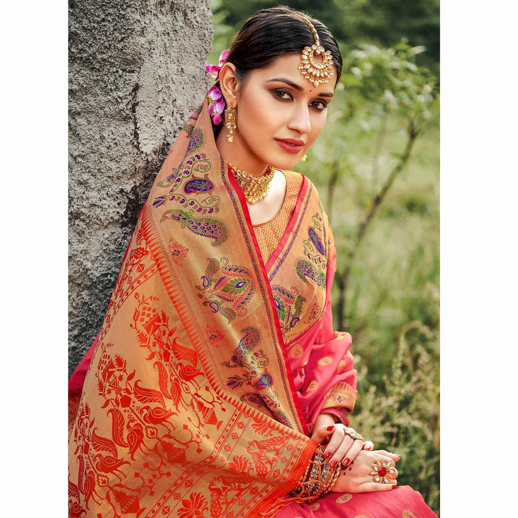 Trendy Peach Colored Festive Wear Woven Banarasi Silk Saree With Tassels - Peachmode