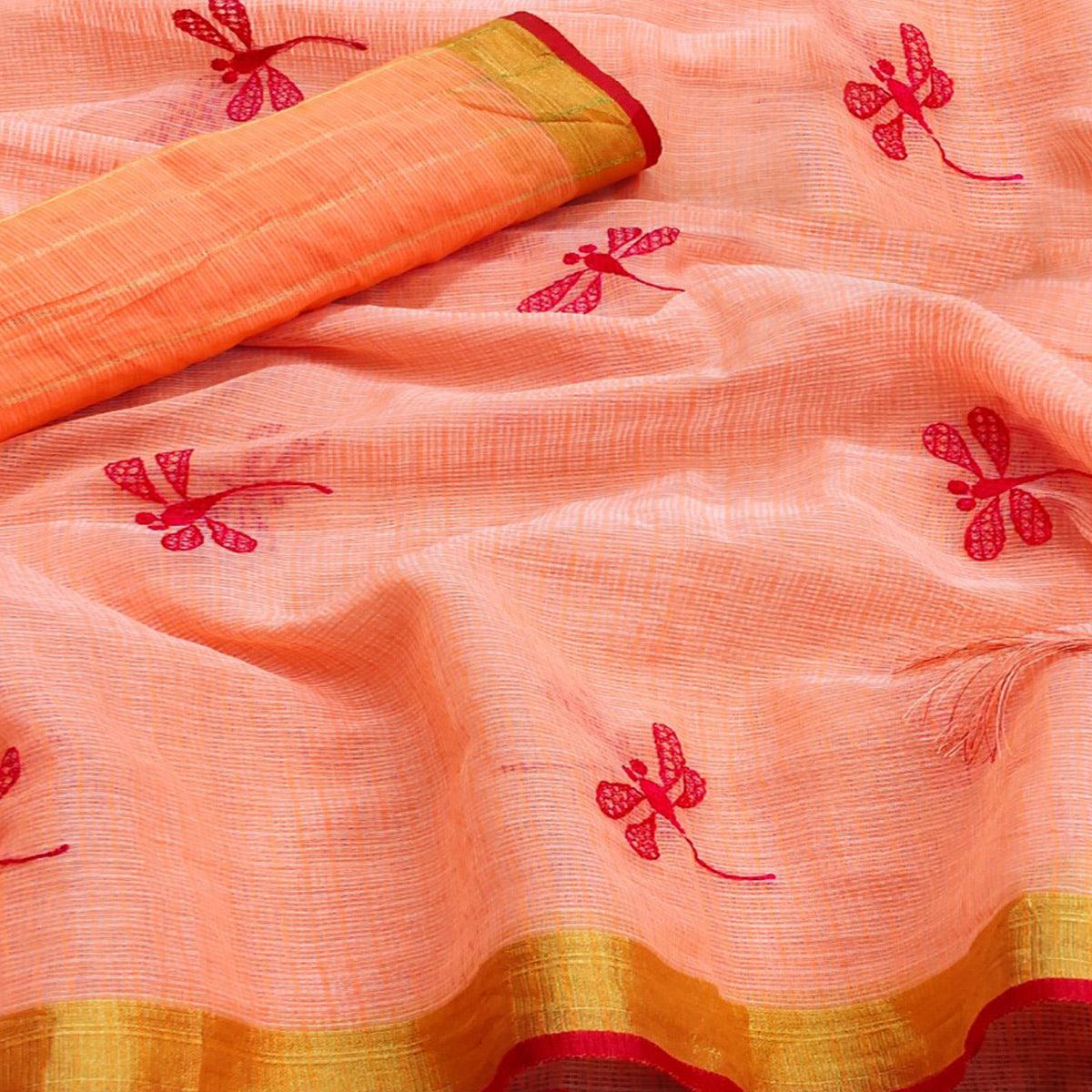 Trendy Peach Colored Festive Wear Woven Silk Saree - Peachmode