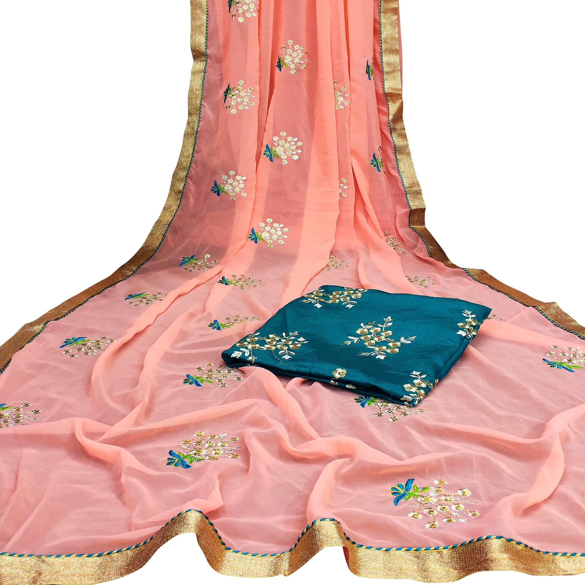 Trendy Peach Colored Partywear Embroidered Faux Georgette Saree - Peachmode