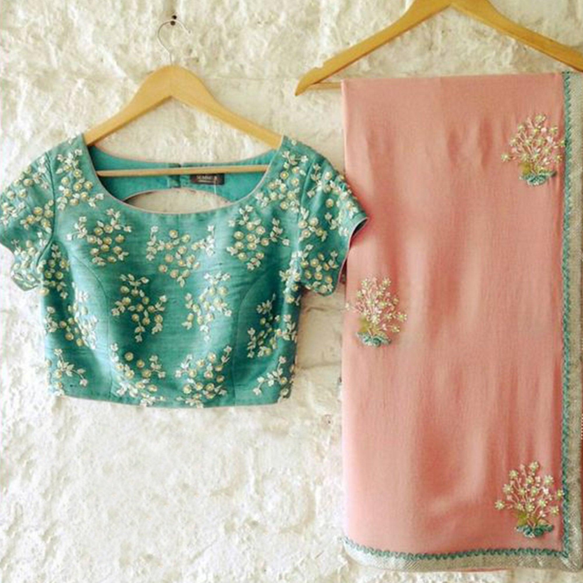 Trendy Peach Colored Partywear Embroidered Faux Georgette Saree - Peachmode