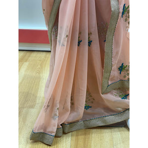 Trendy Peach Colored Partywear Embroidered Faux Georgette Saree - Peachmode