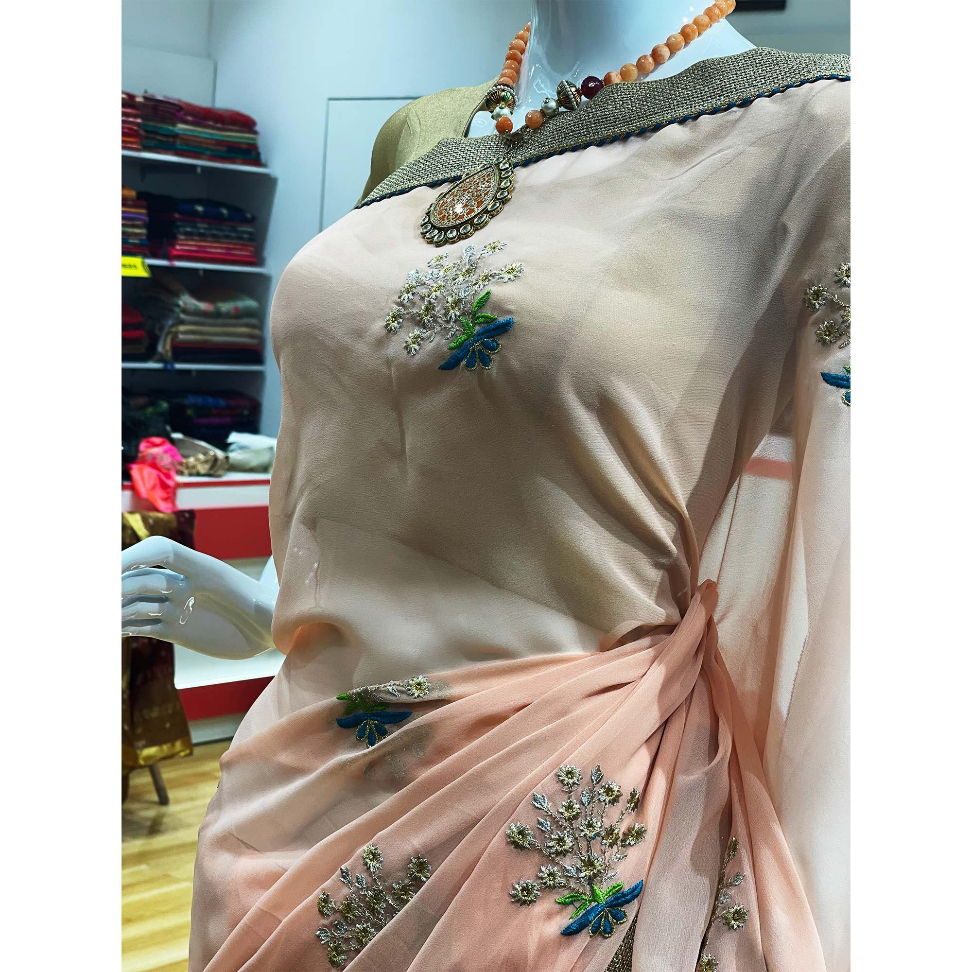 Trendy Peach Colored Partywear Embroidered Faux Georgette Saree - Peachmode