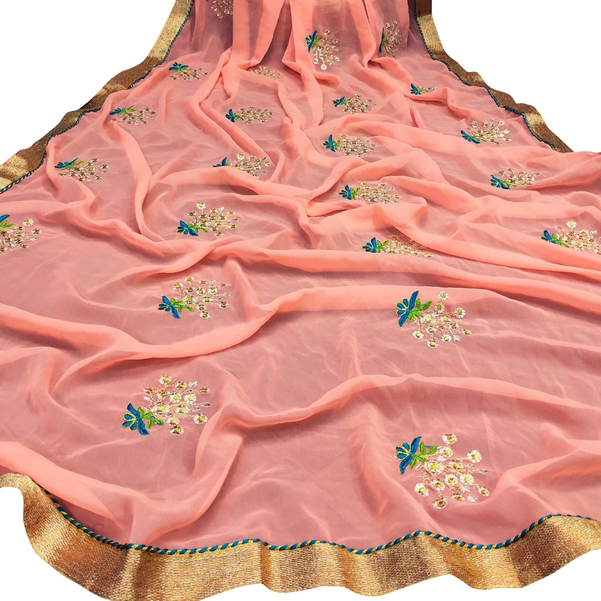 Trendy Peach Colored Partywear Embroidered Faux Georgette Saree - Peachmode
