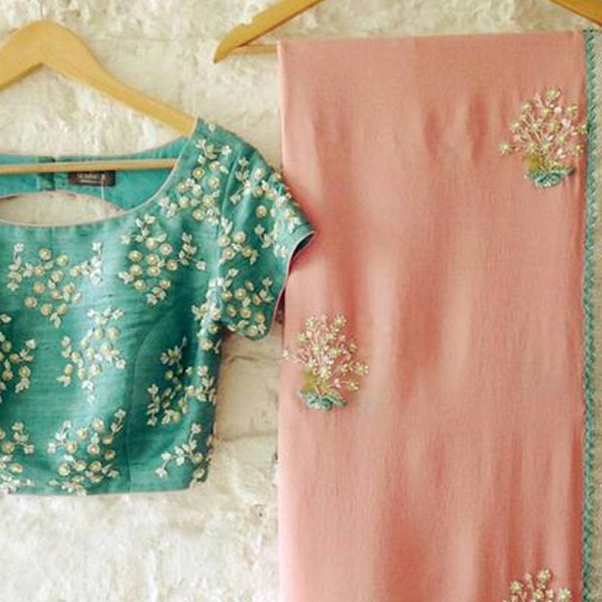 Trendy Peach Colored Partywear Embroidered Faux Georgette Saree - Peachmode