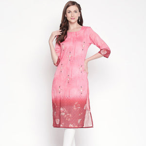 Trendy Pink Colored Casual Embroidered Silk Kurti - Peachmode
