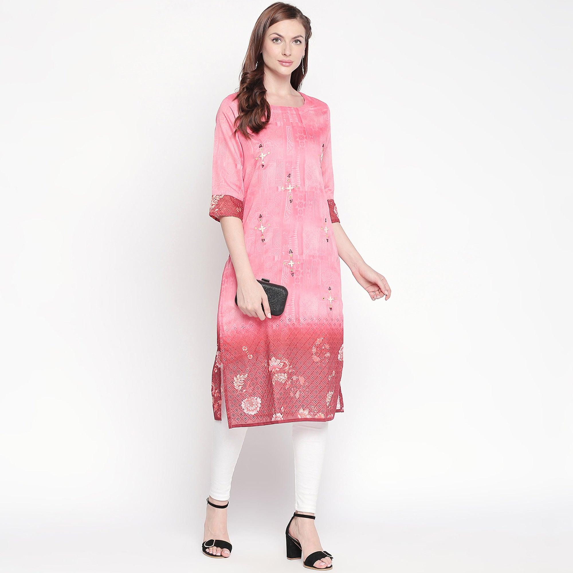 Trendy Pink Colored Casual Embroidered Silk Kurti - Peachmode