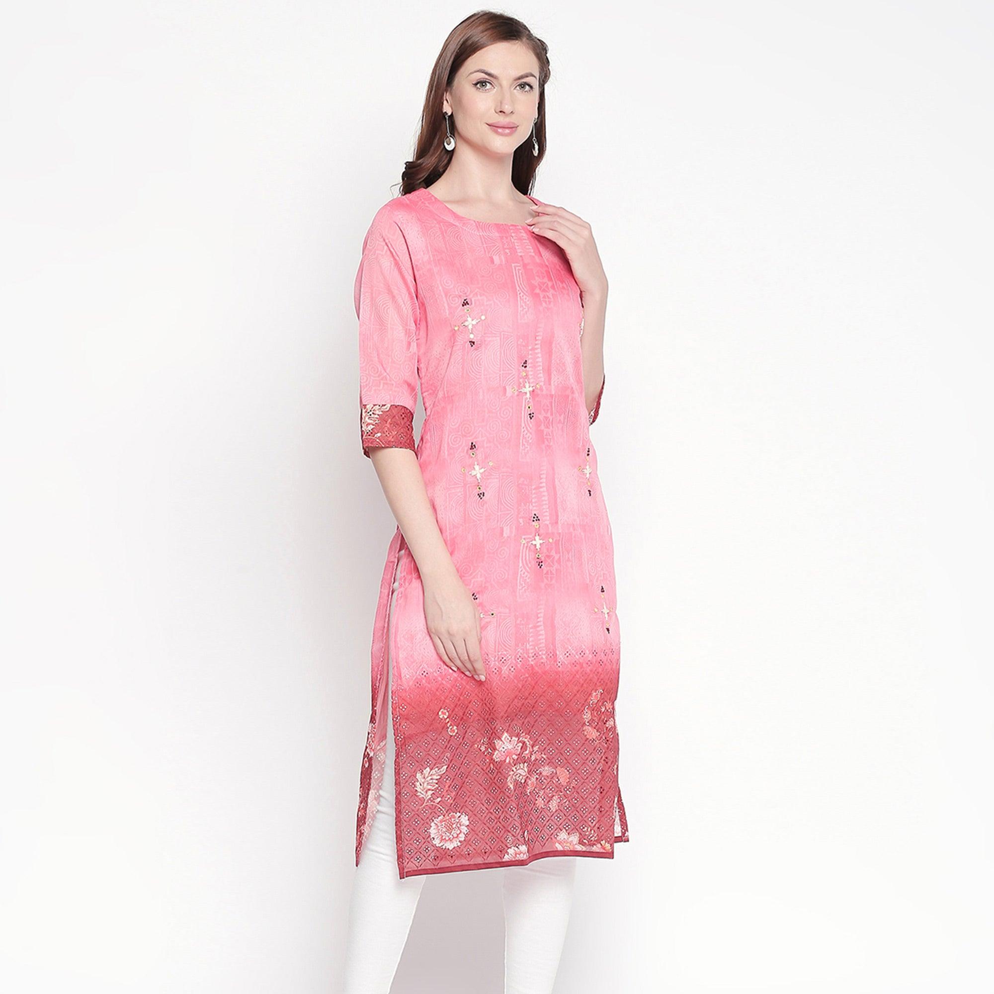 Trendy Pink Colored Casual Embroidered Silk Kurti - Peachmode