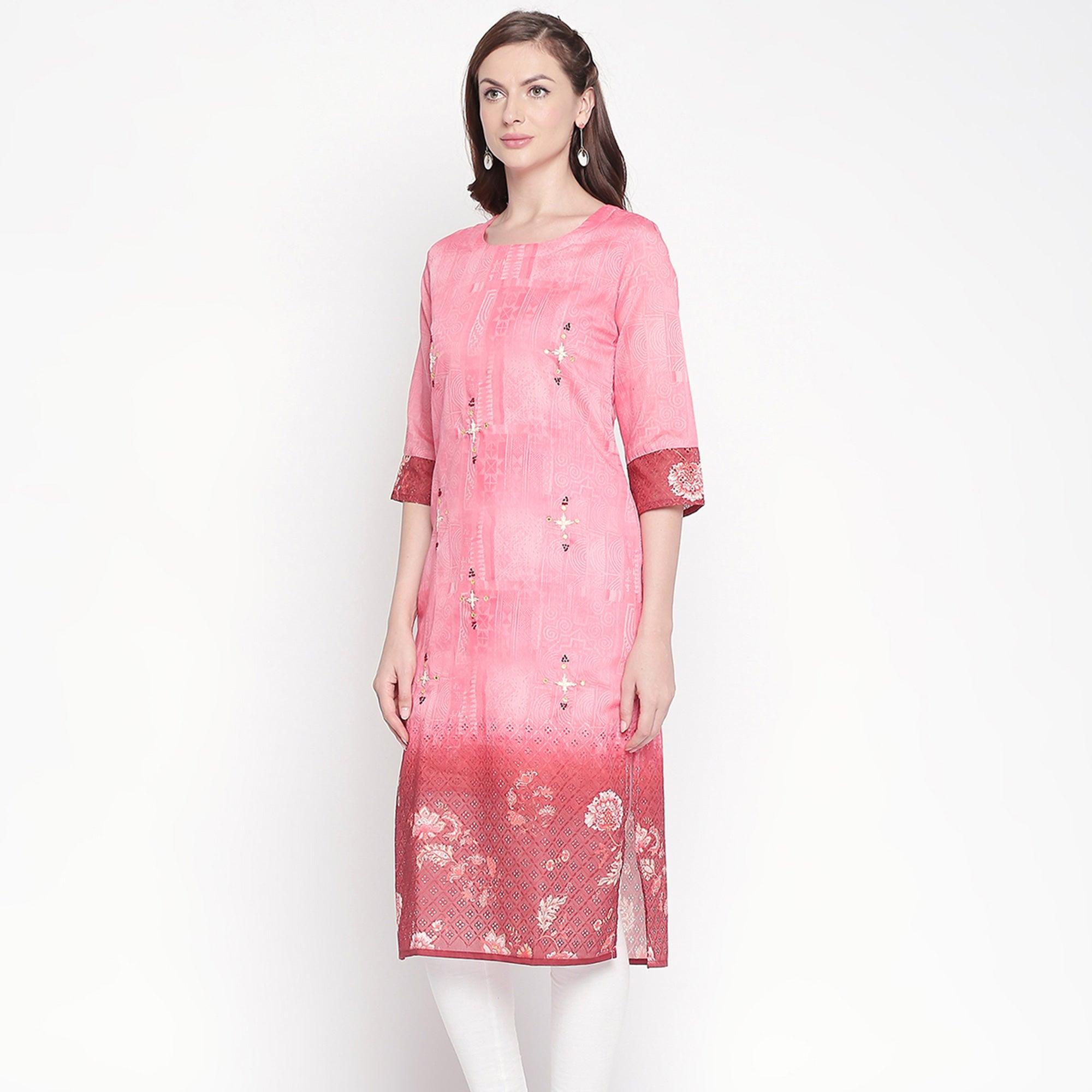 Trendy Pink Colored Casual Embroidered Silk Kurti - Peachmode
