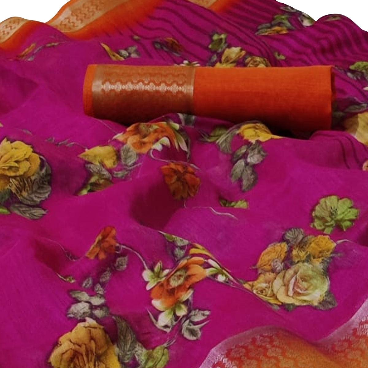 Trendy Pink Colored Casual Wear Floral Printed Linen Saree - Peachmode