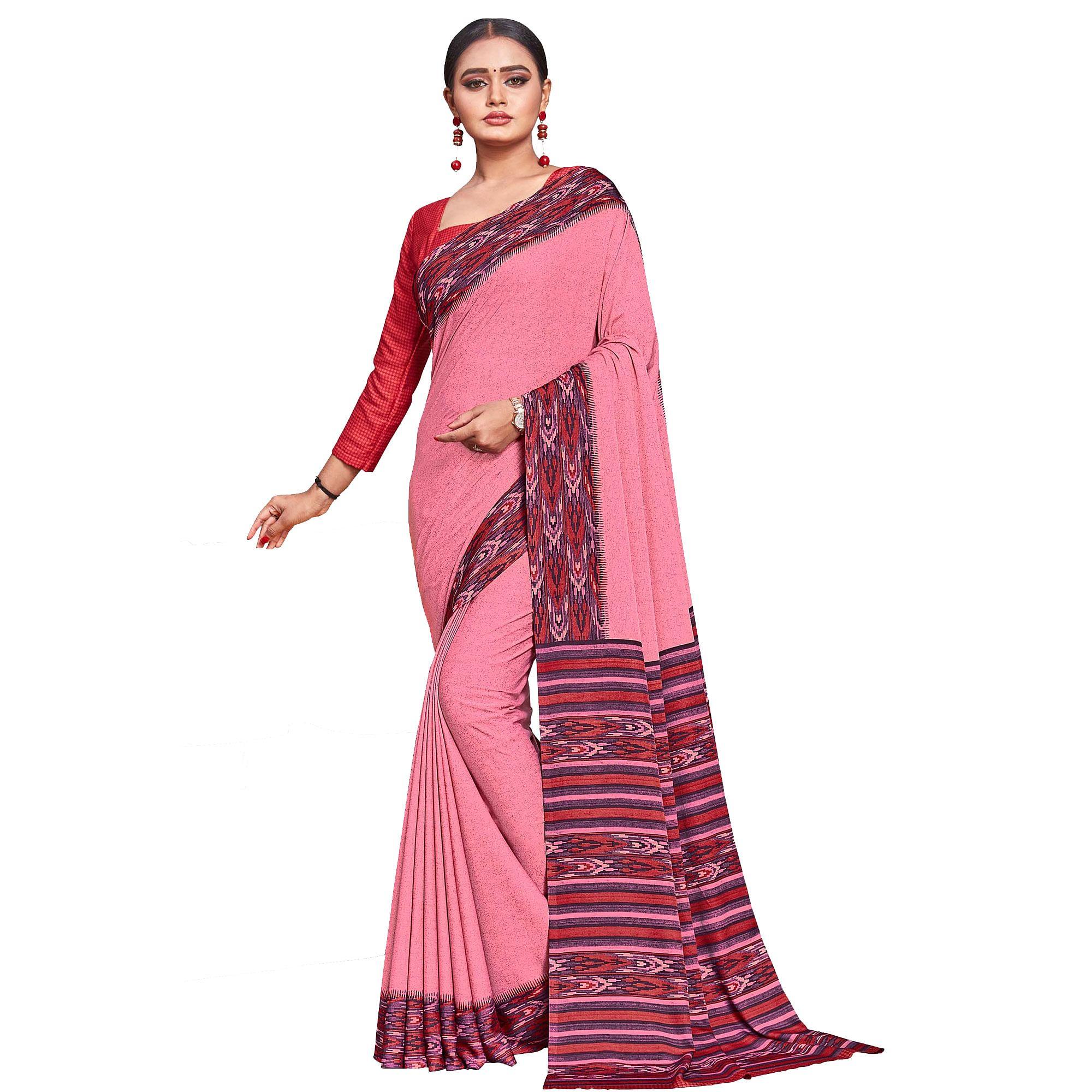 Trendy Pink Colored Casual Wear Printed Crepe Saree - Peachmode