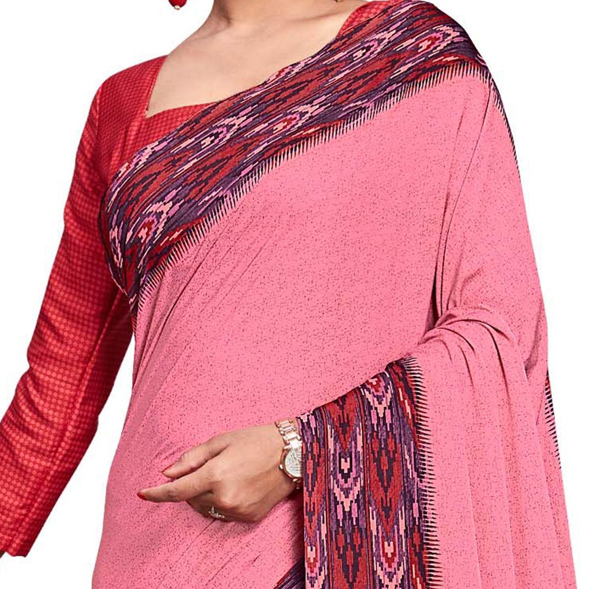 Trendy Pink Colored Casual Wear Printed Crepe Saree - Peachmode
