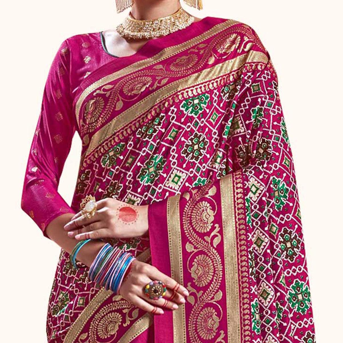 Trendy Pink Colored Festive Wear Printed Kanjivaram Silk Saree - Peachmode