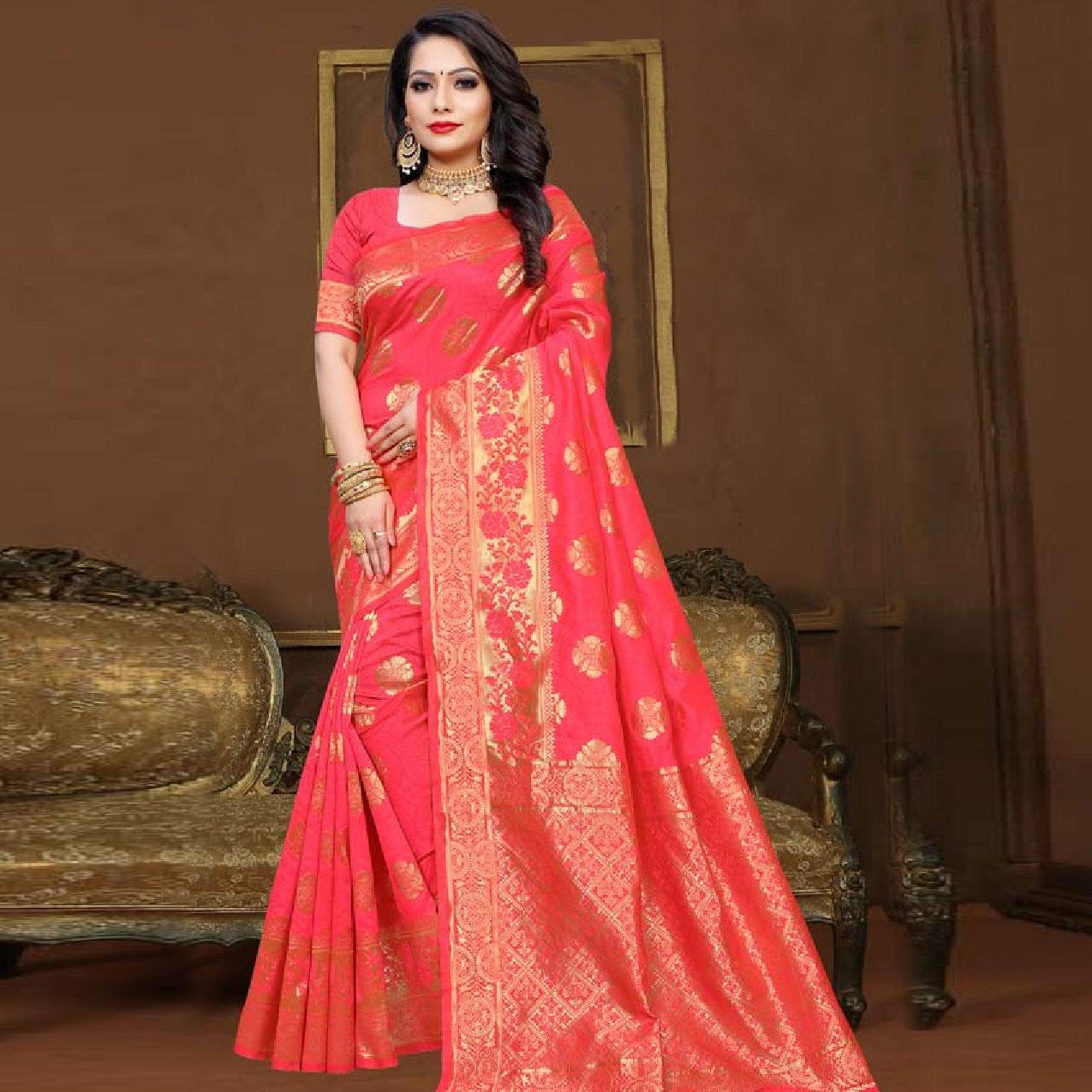 Trendy Pink Colored Festive Wear Woven Art Silk Saree - Peachmode
