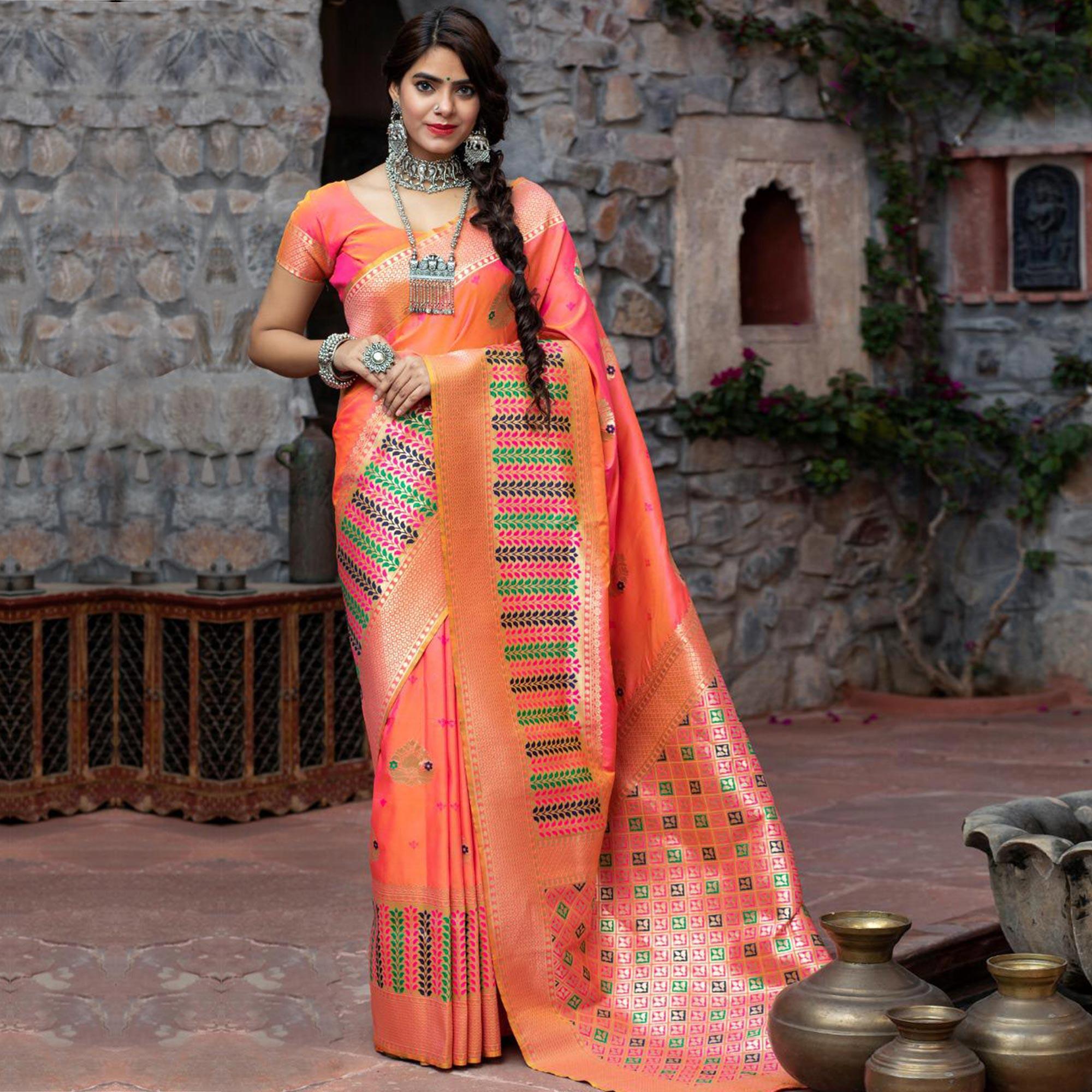 Trendy Pink Colored Festive Wear Woven Banarasi Silk Saree - Peachmode
