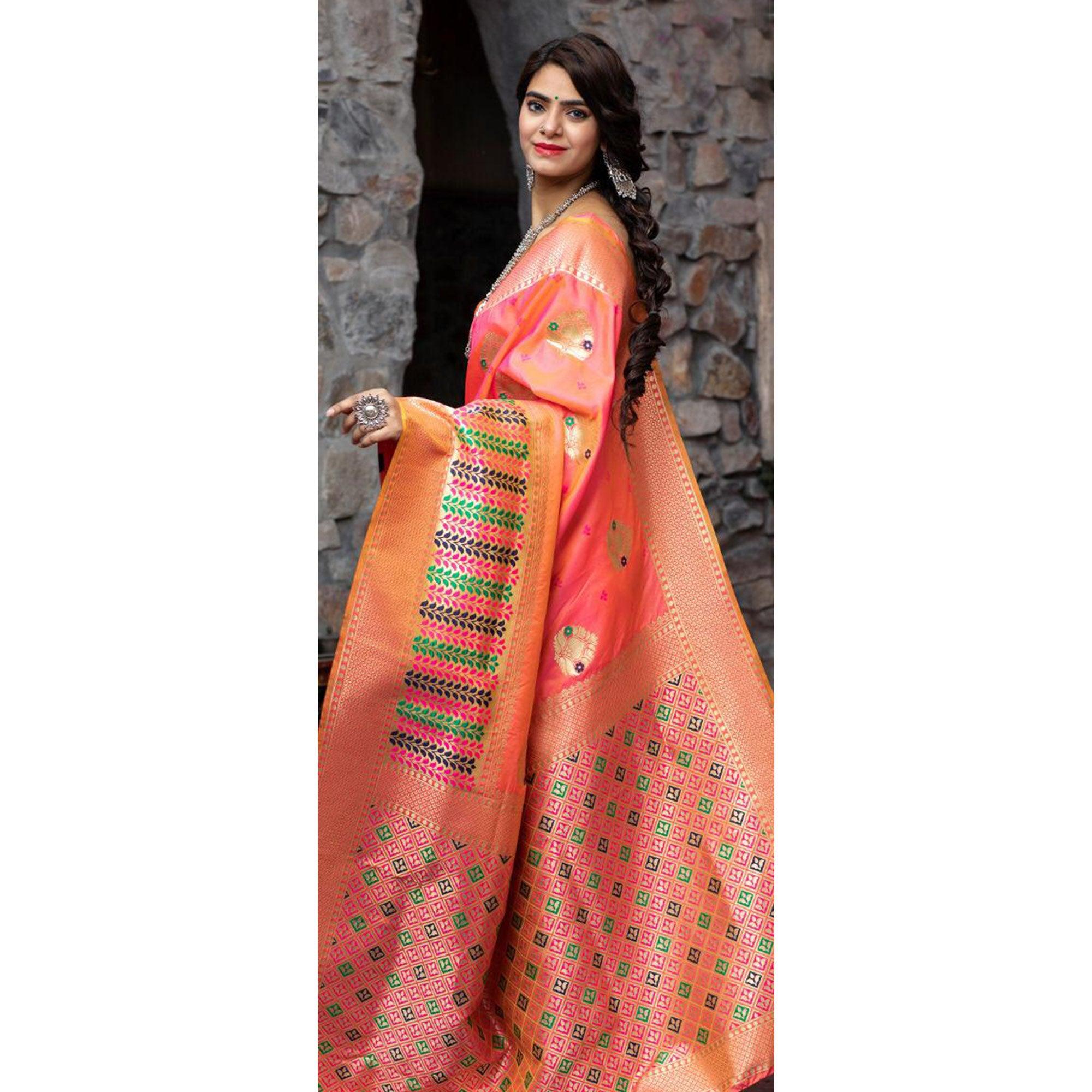 Trendy Pink Colored Festive Wear Woven Banarasi Silk Saree - Peachmode