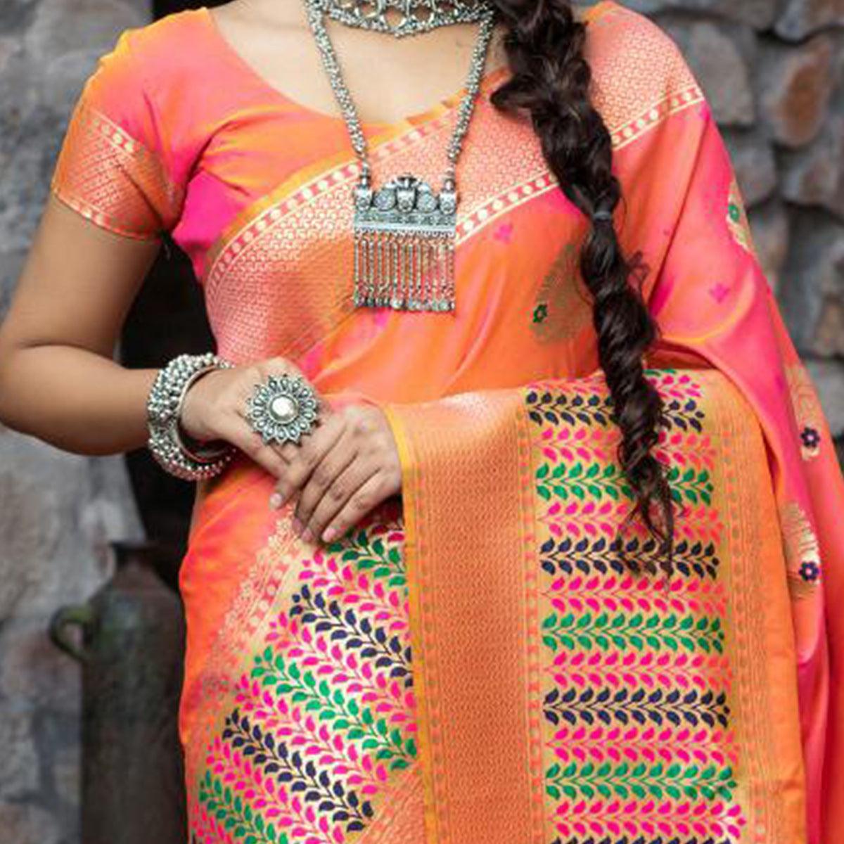 Trendy Pink Colored Festive Wear Woven Banarasi Silk Saree - Peachmode