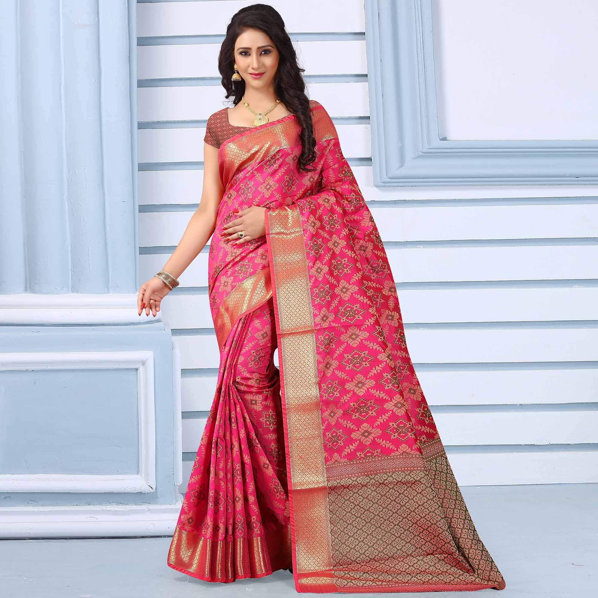 Trendy Pink Colored Festive Wear Woven Silk Saree - Peachmode