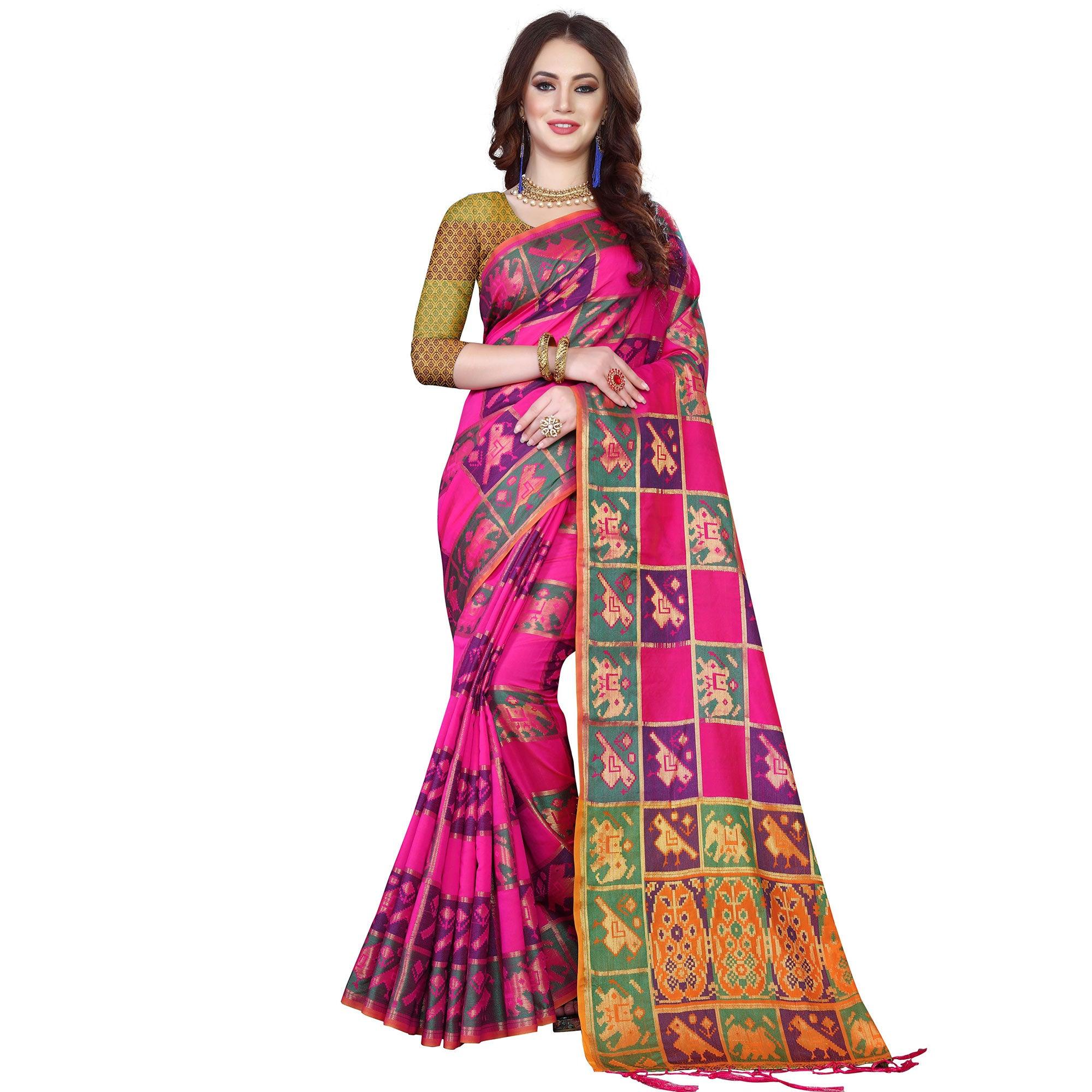 Trendy Pink Colored Festive Wear Woven Silk Saree - Peachmode