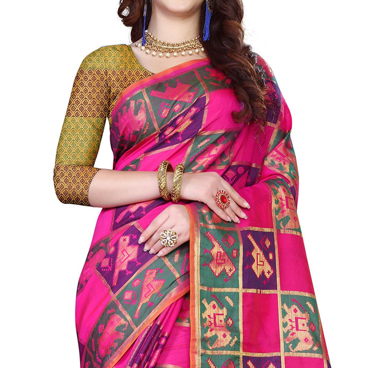 Trendy Pink Colored Festive Wear Woven Silk Saree - Peachmode
