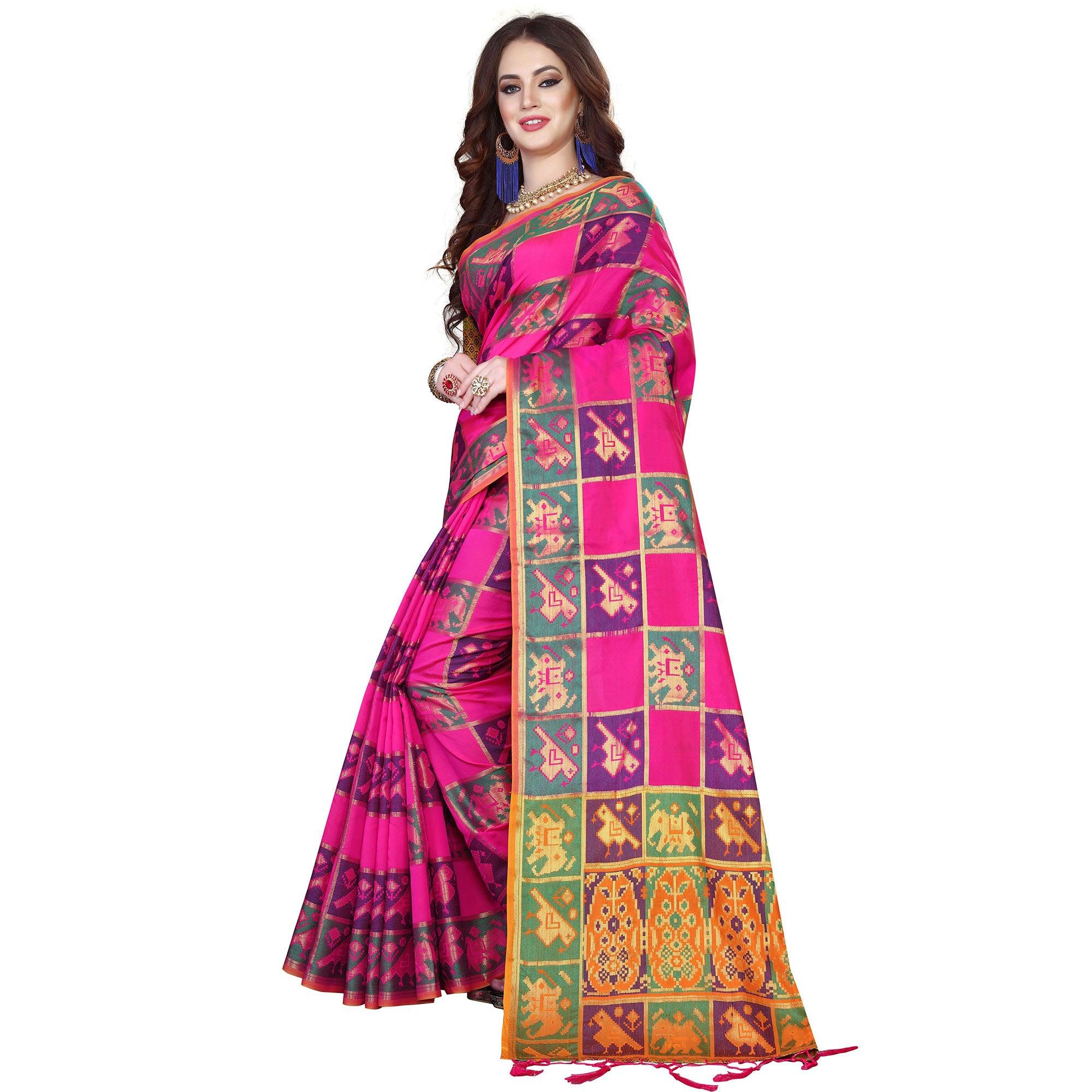 Trendy Pink Colored Festive Wear Woven Silk Saree - Peachmode