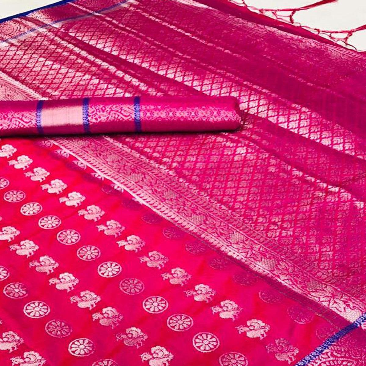 Trendy Pink Coloured Festive Wear Woven Kanjivaram Silk Saree - Peachmode