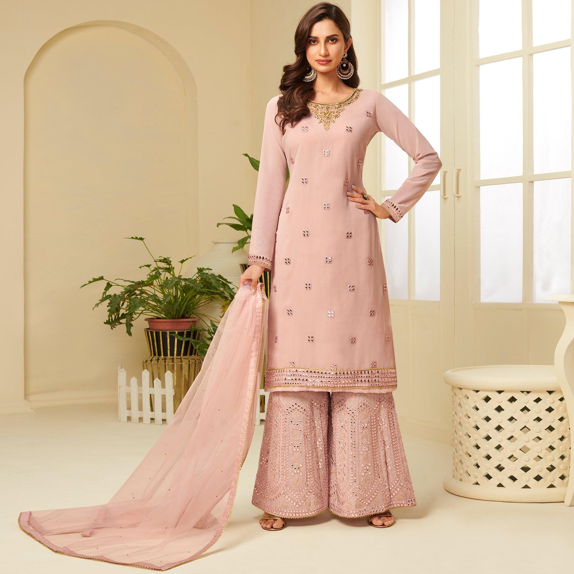 Trendy Pink Coloured Partywear Gota Work Georgette Palazzo Suit - Peachmode
