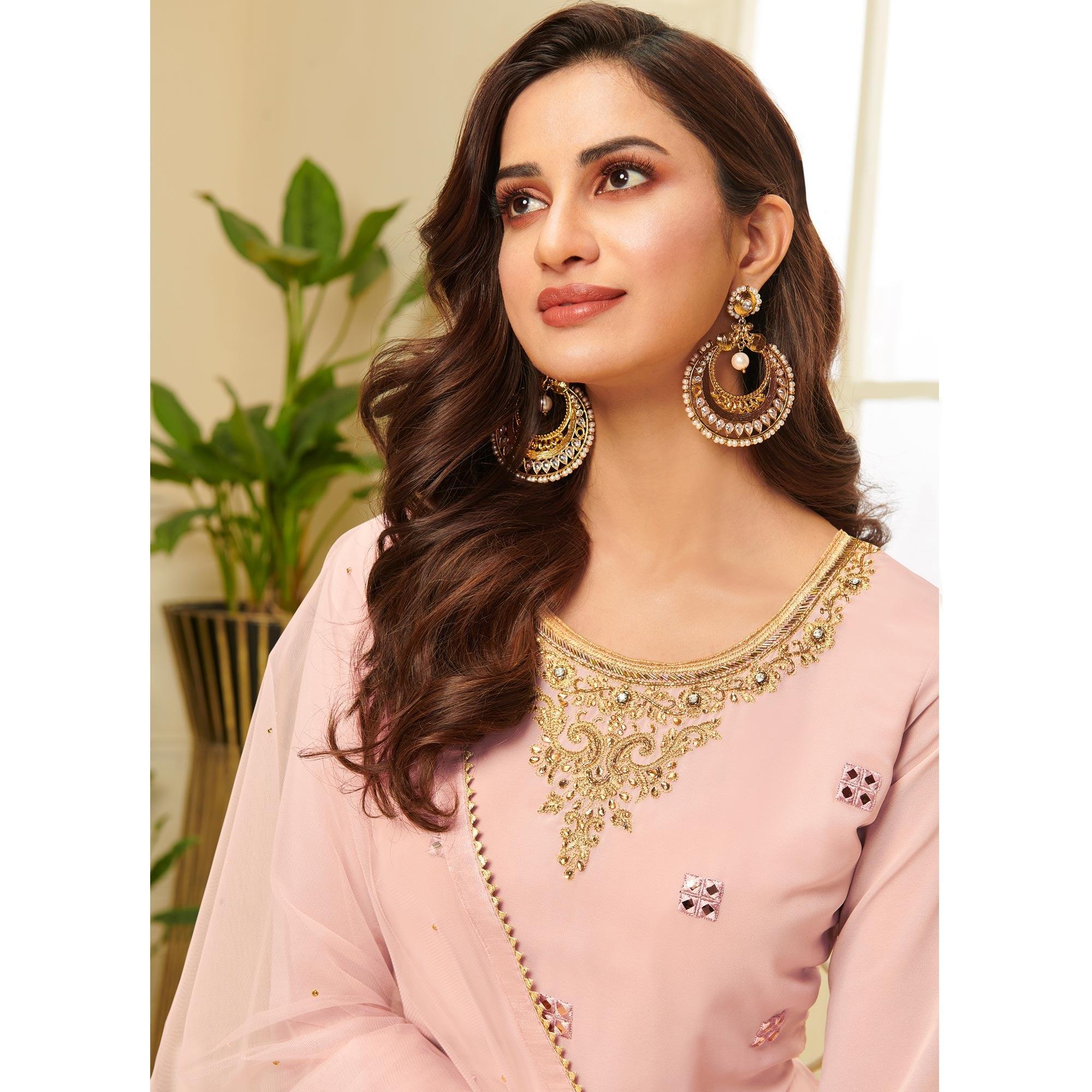 Trendy Pink Coloured Partywear Gota Work Georgette Palazzo Suit - Peachmode