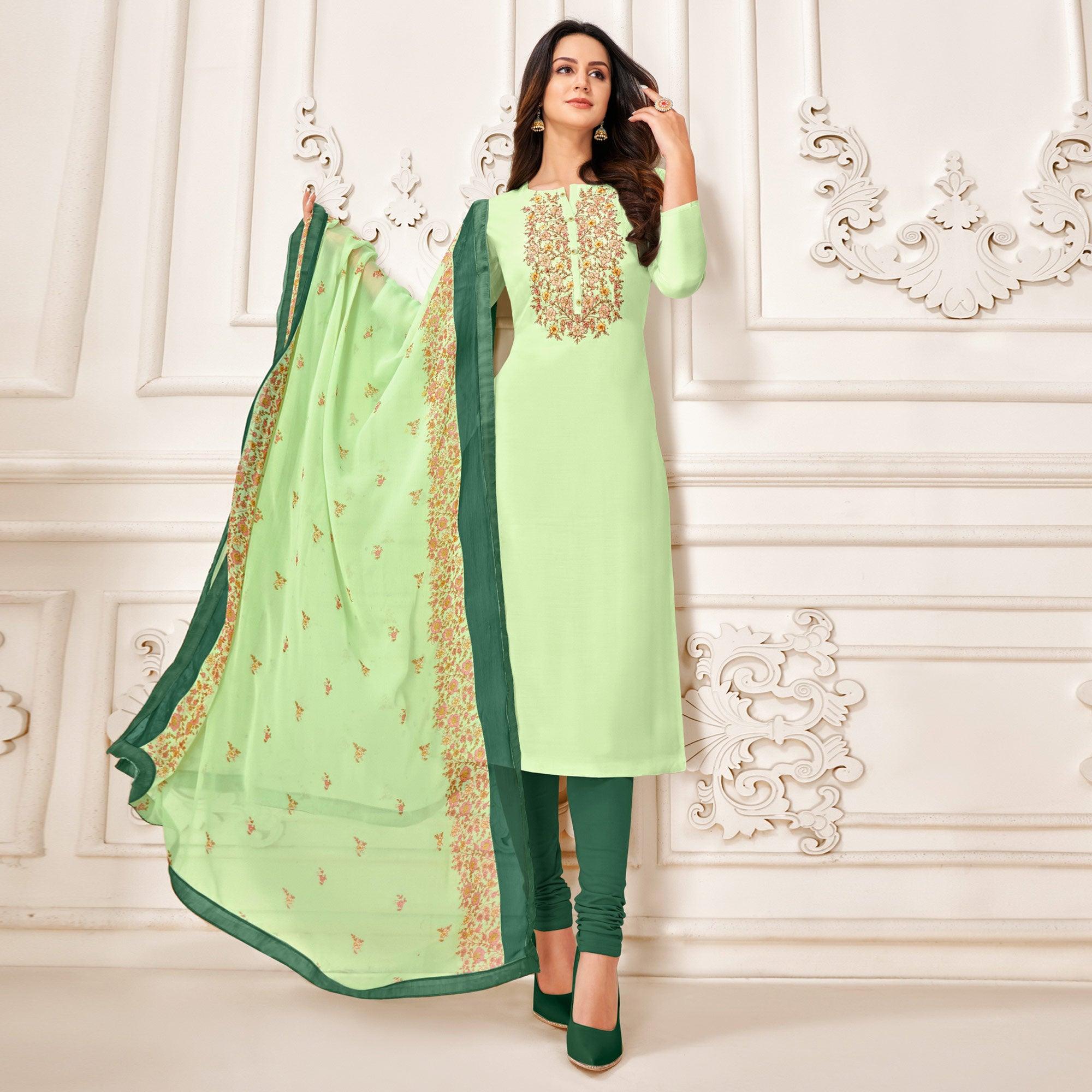 Trendy Pista Green Colored Casual Wear Embroidered Chanderi Dress Material - Peachmode