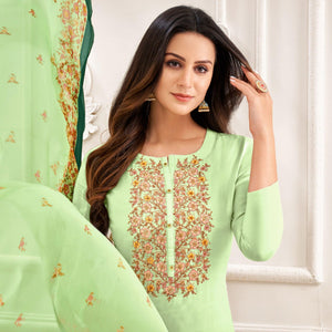 Trendy Pista Green Colored Casual Wear Embroidered Chanderi Dress Material - Peachmode