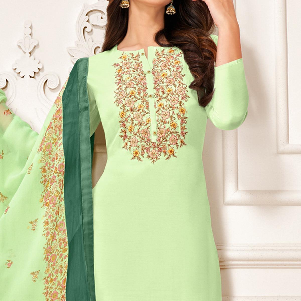 Trendy Pista Green Colored Casual Wear Embroidered Chanderi Dress Material - Peachmode