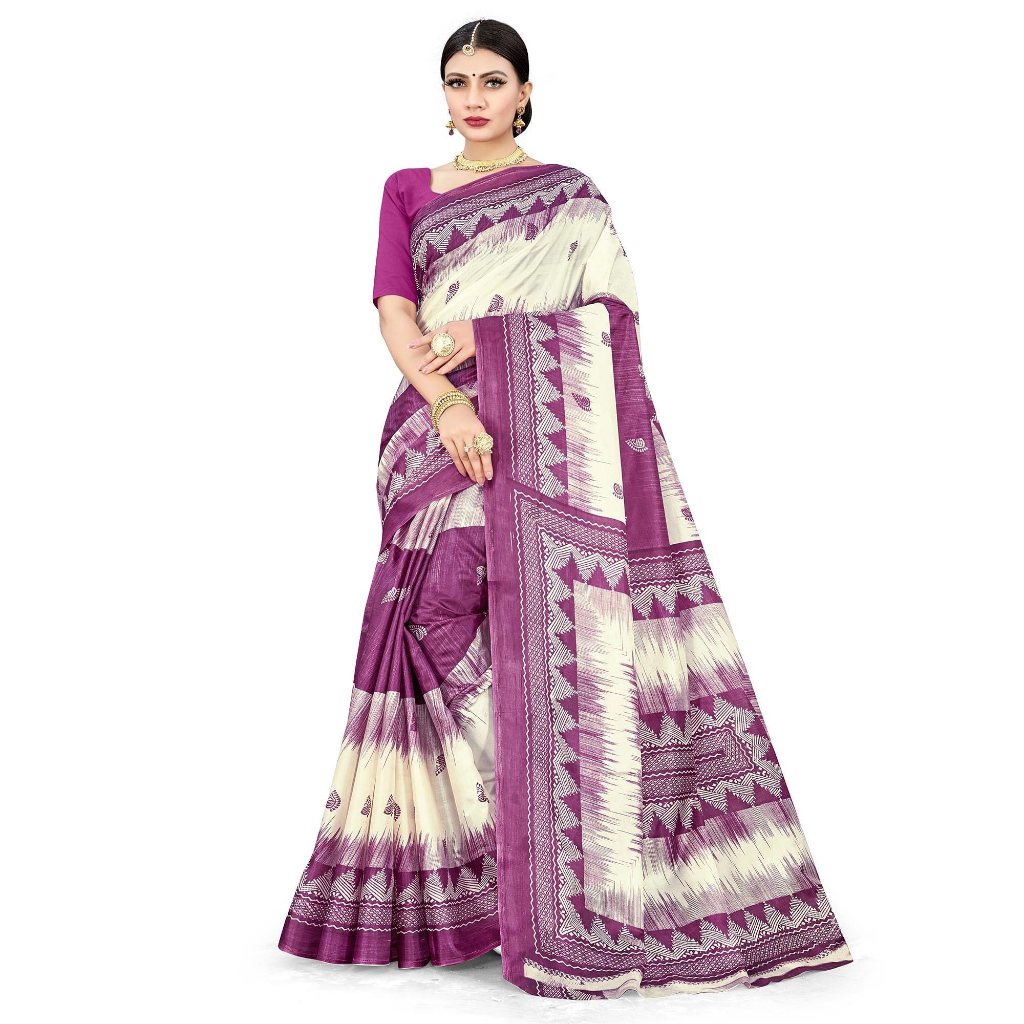 Trendy Purple Colored Casual Wear Printed Cotton Silk Saree - Peachmode