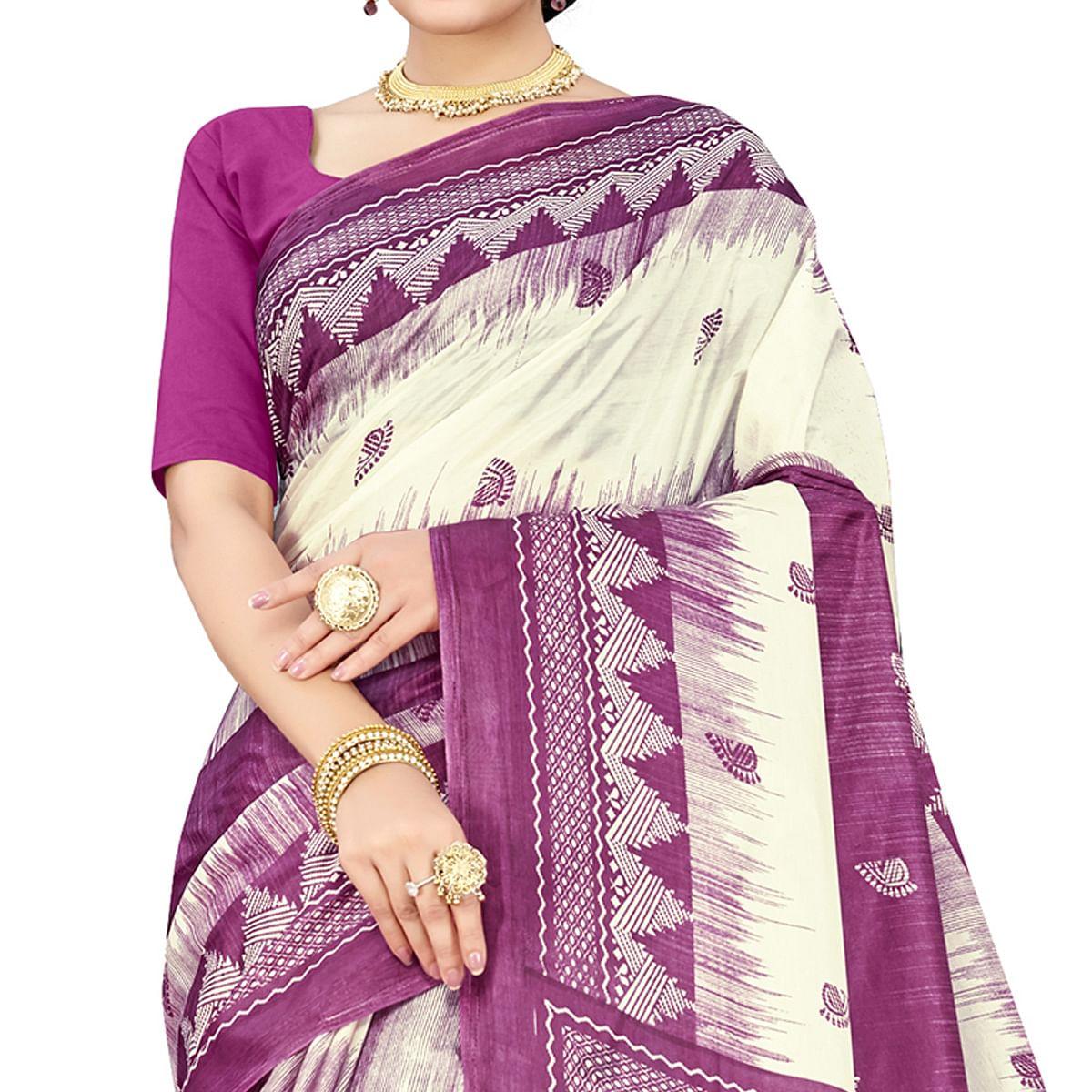 Trendy Purple Colored Casual Wear Printed Cotton Silk Saree - Peachmode