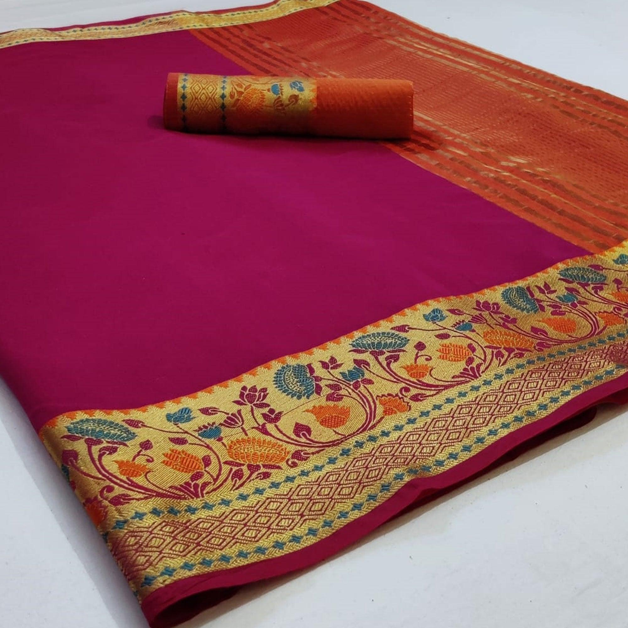 Trendy Purple Colored Festive Wear Woven Cotton Saree - Peachmode