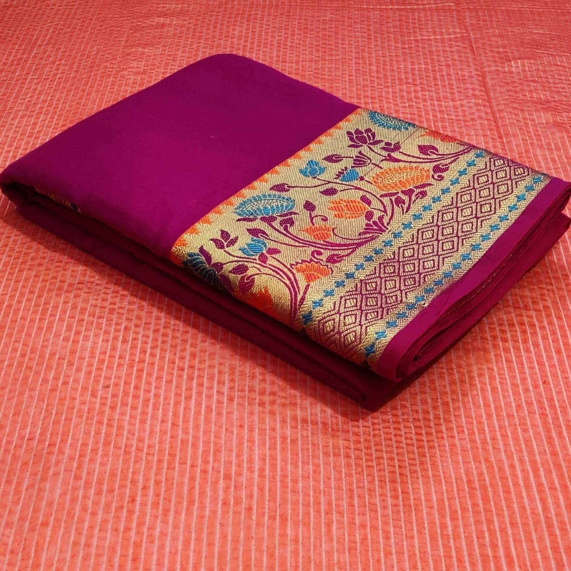 Trendy Purple Colored Festive Wear Woven Cotton Saree - Peachmode