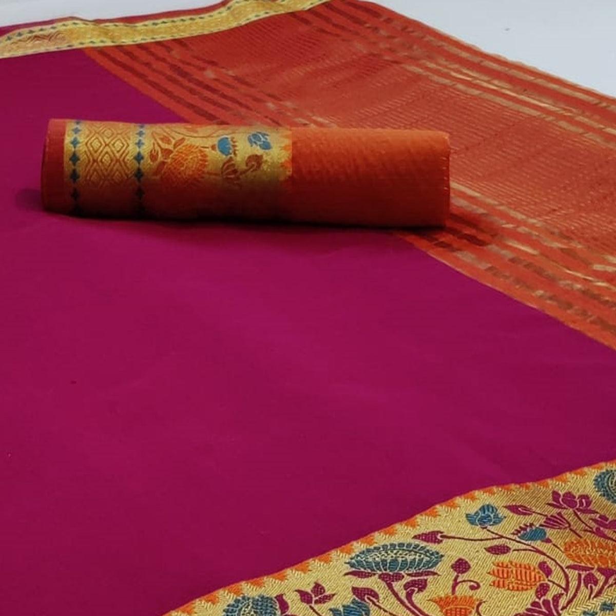 Trendy Purple Colored Festive Wear Woven Cotton Saree - Peachmode