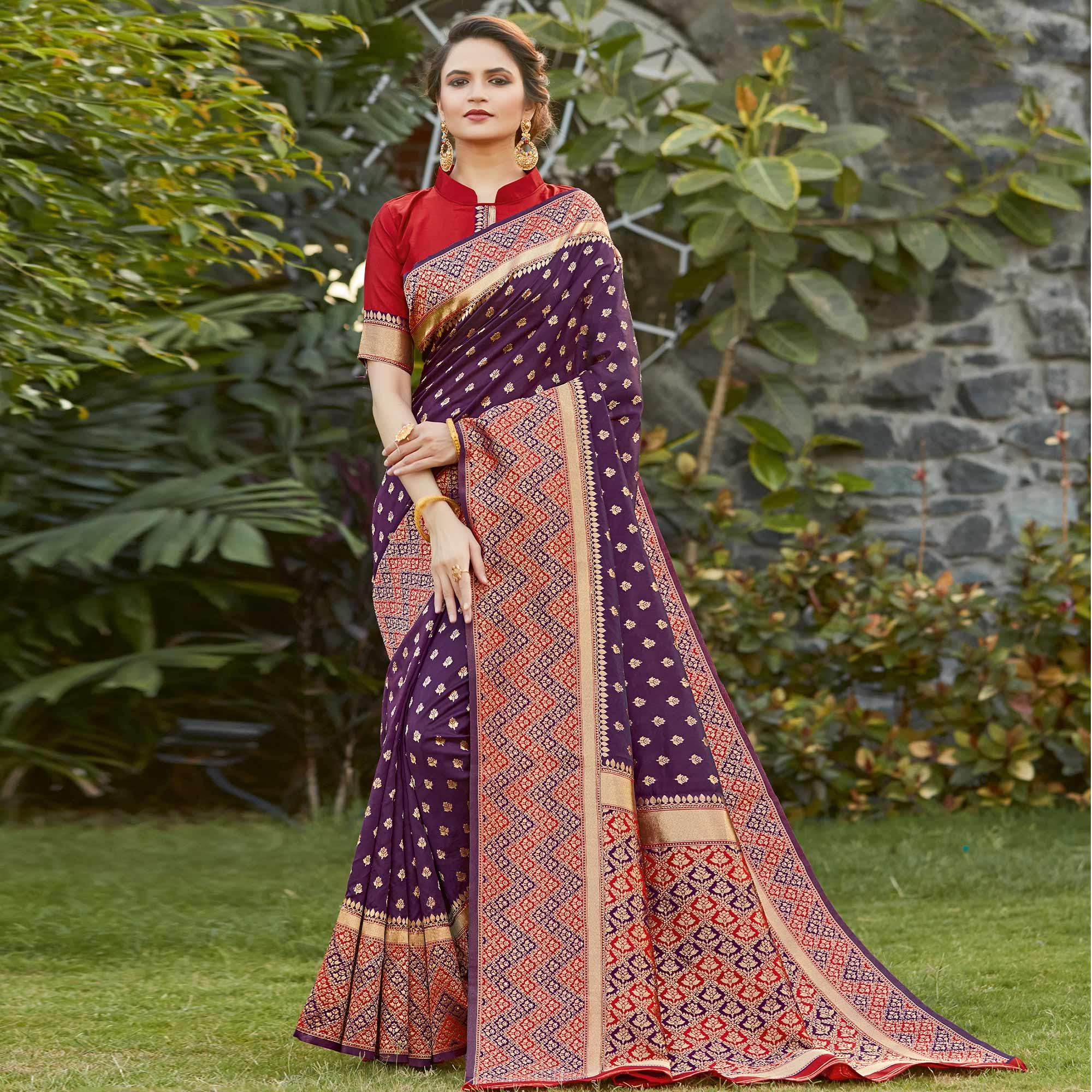 Trendy Purple Colored Festive Wear Woven Silk Saree - Peachmode